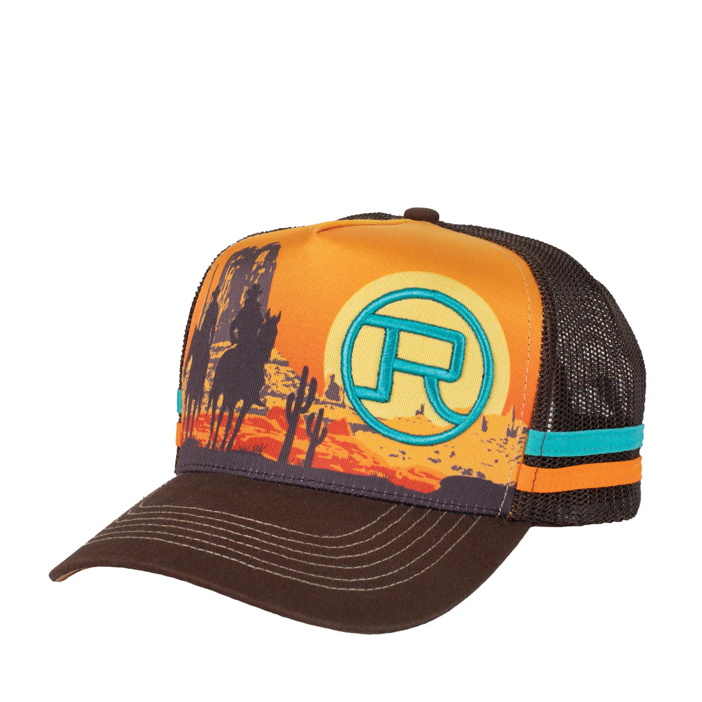 Roper Trucker Cap Cowfolk Sunset. Trucker hat with desert scene and logo on a white background