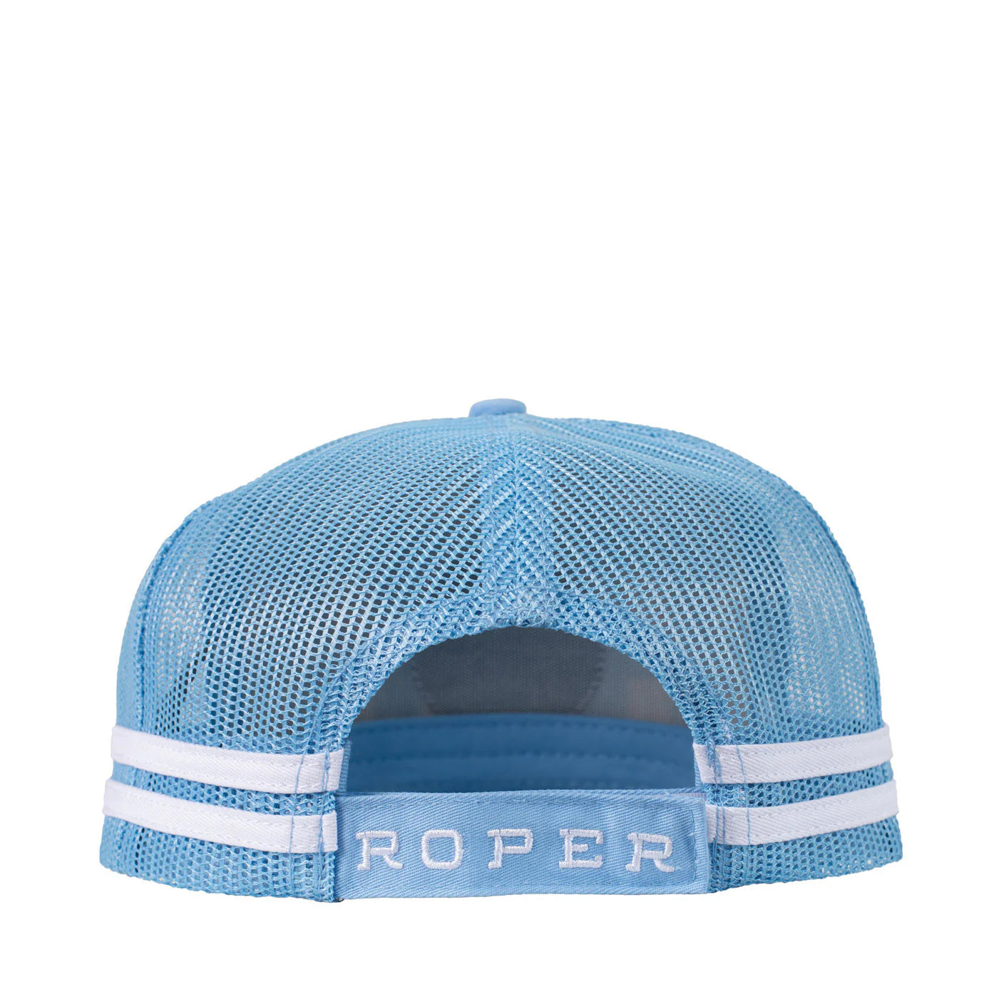 Roper Trucker Cap Mini Plaid. Blue mesh cap with white stripes and 'Roper' branding on a white background