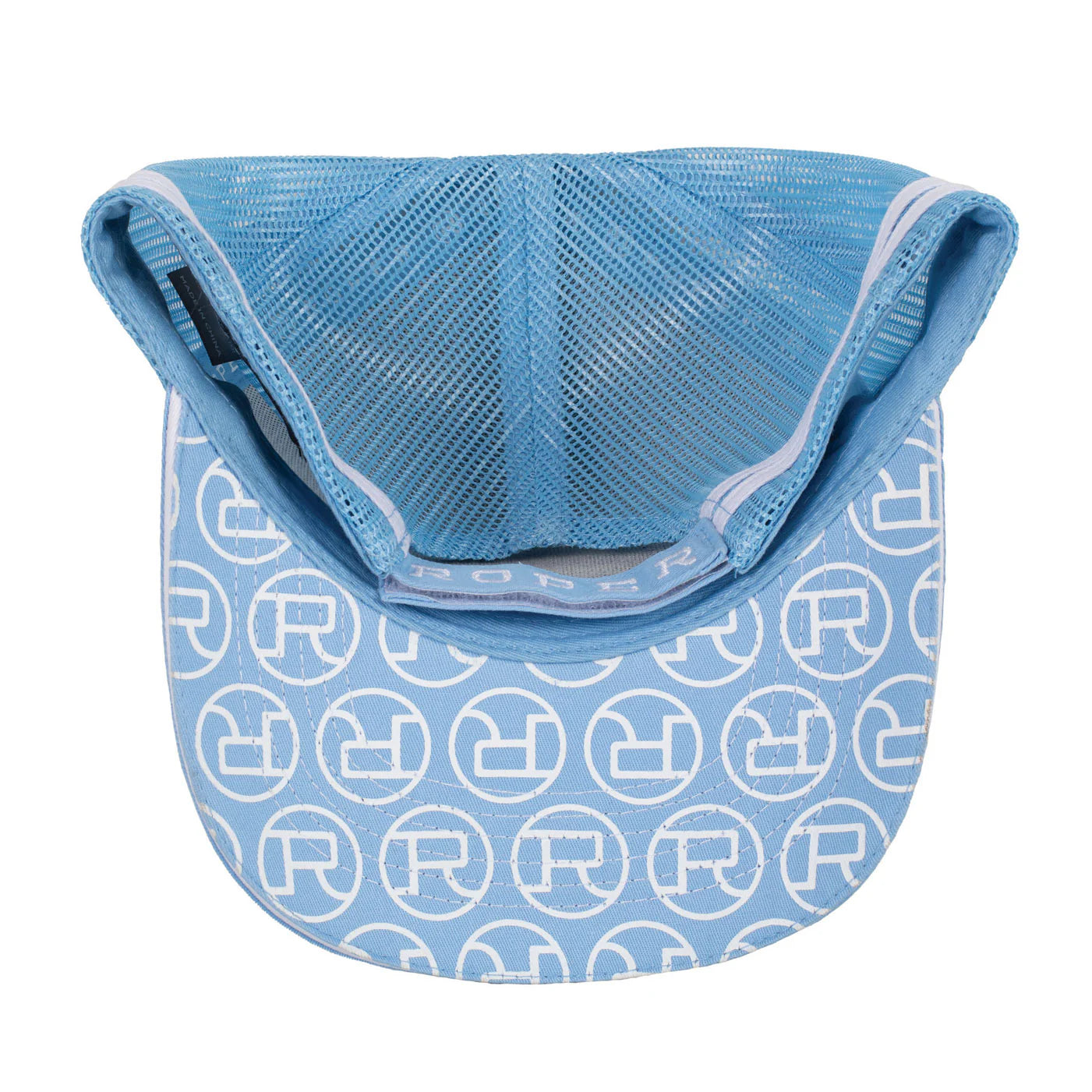 Roper Trucker Cap Mini Plaid. Blue checkered cap with a brown leather patch on a white background