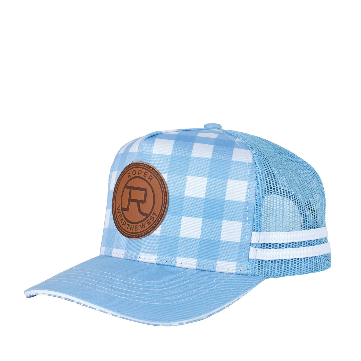 Roper Trucker Cap Mini Plaid. Blue checkered cap with a brown leather patch on a white background