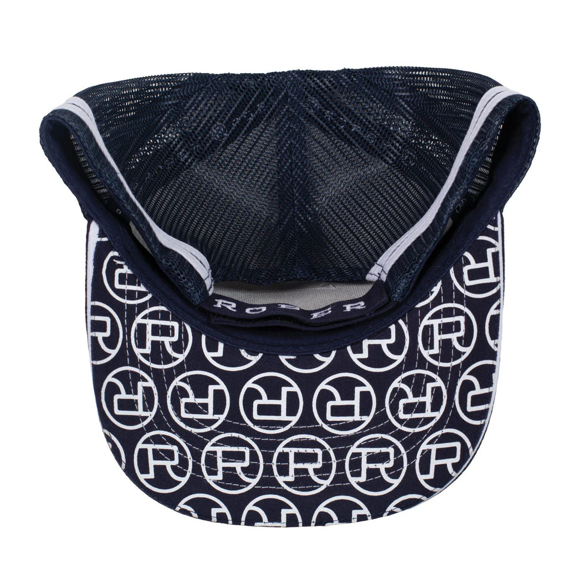 Roper Trucker Cap Mini Plaid. Navy visor with white logo pattern on a white background