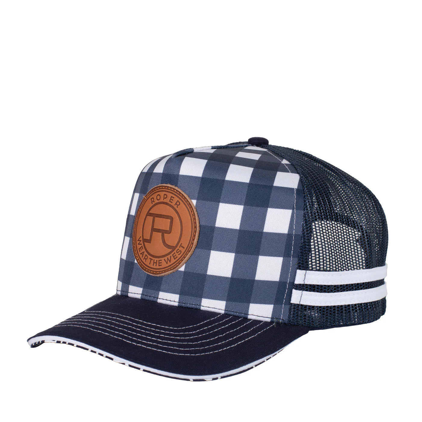 Roper Trucker Cap Mini Plaid. Checkered cap with mesh back and leather patch on a white background