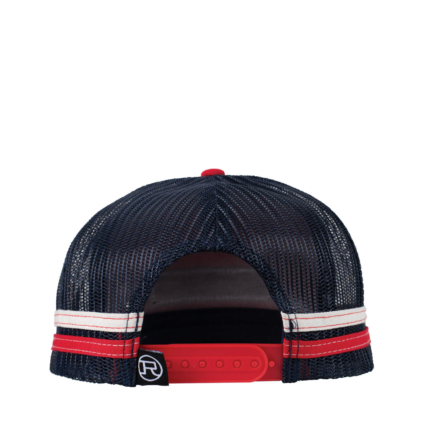 Roper Trucker Cap Patch. Navy blue mesh cap with red and white accents on a white background