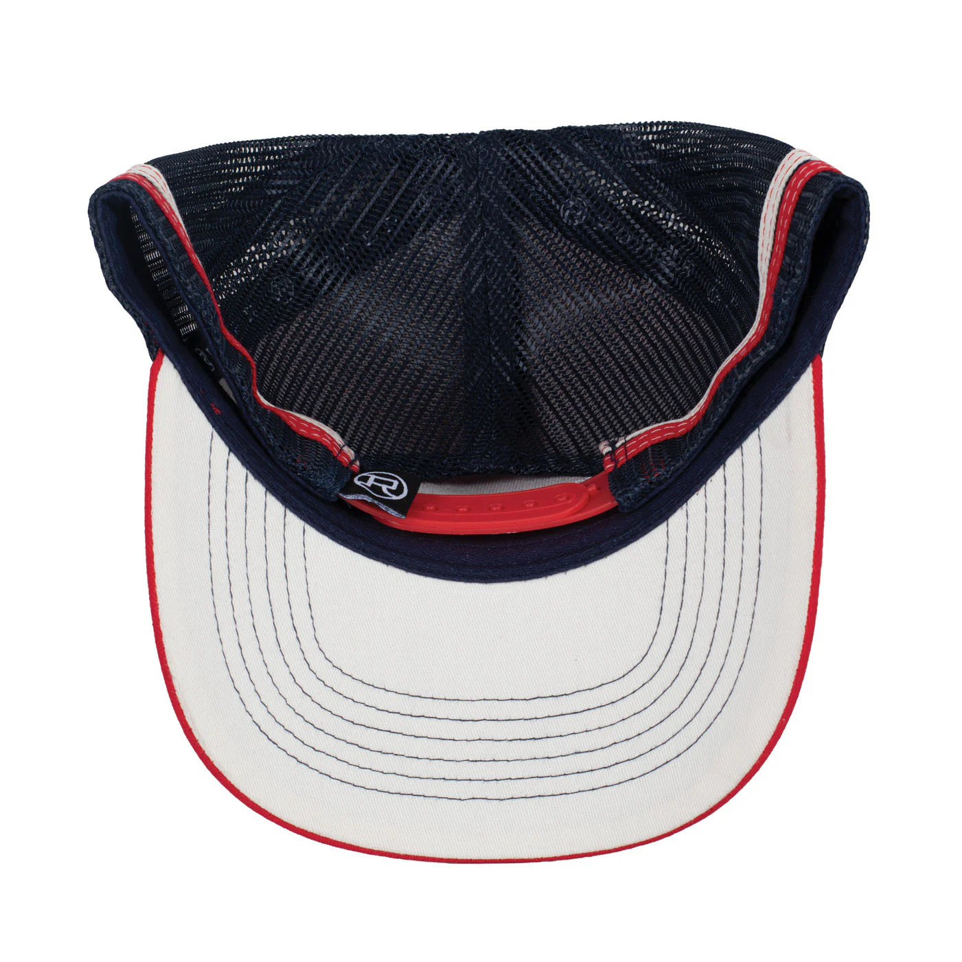 Roper Trucker Cap Patch. Navy and red cap with mesh back and leather patch on a white background