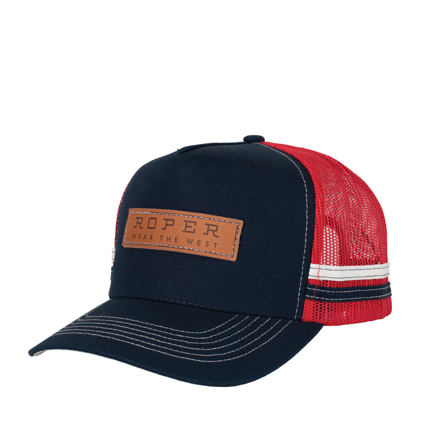Roper Trucker Cap Patch. Navy and red cap with mesh back and leather patch on a white background