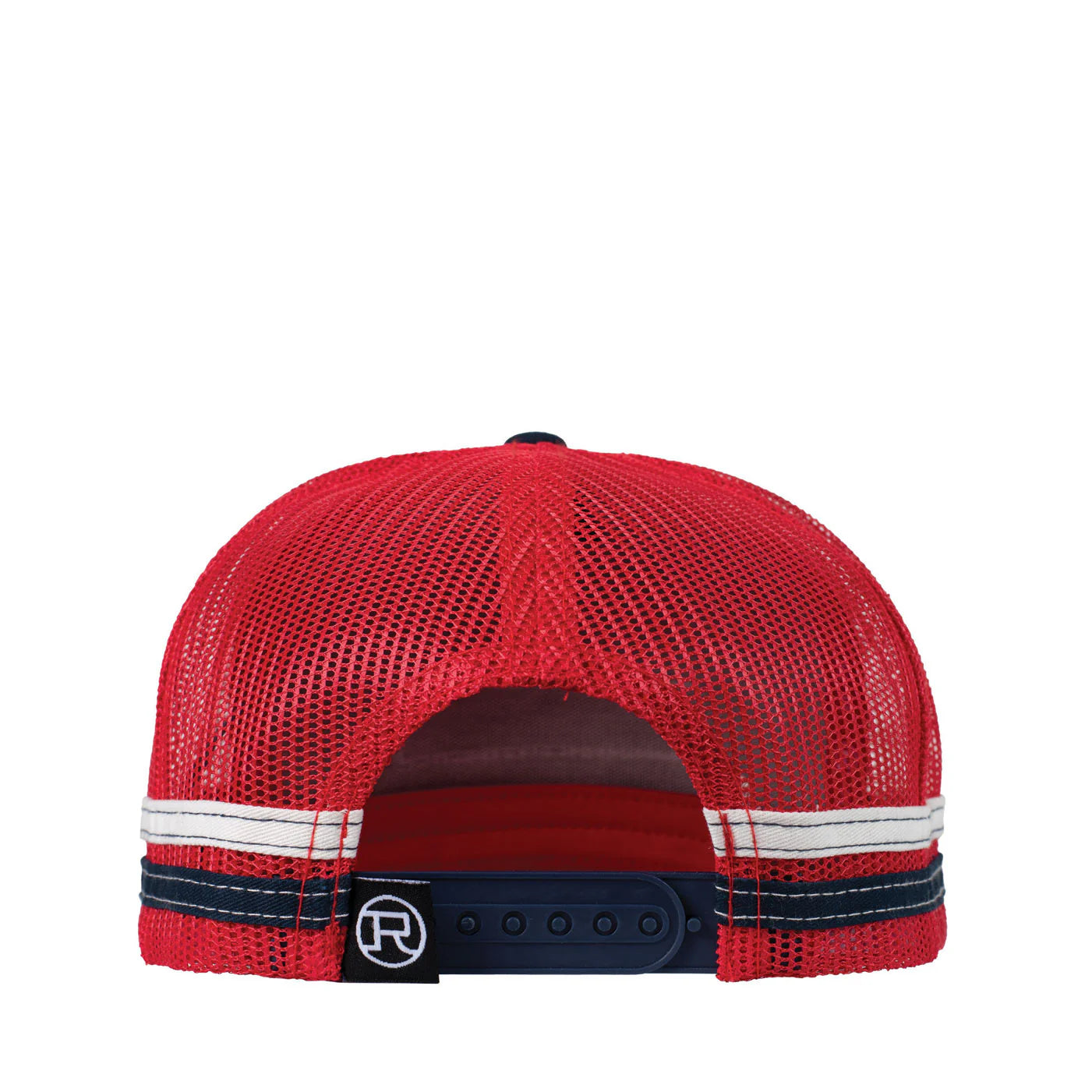 Roper Trucker Cap Patch. Red mesh cap with white and navy accents on a white background