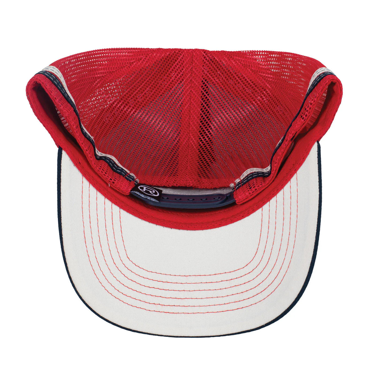 Roper Trucker Cap Patch. Red and white cap with mesh back on a white background