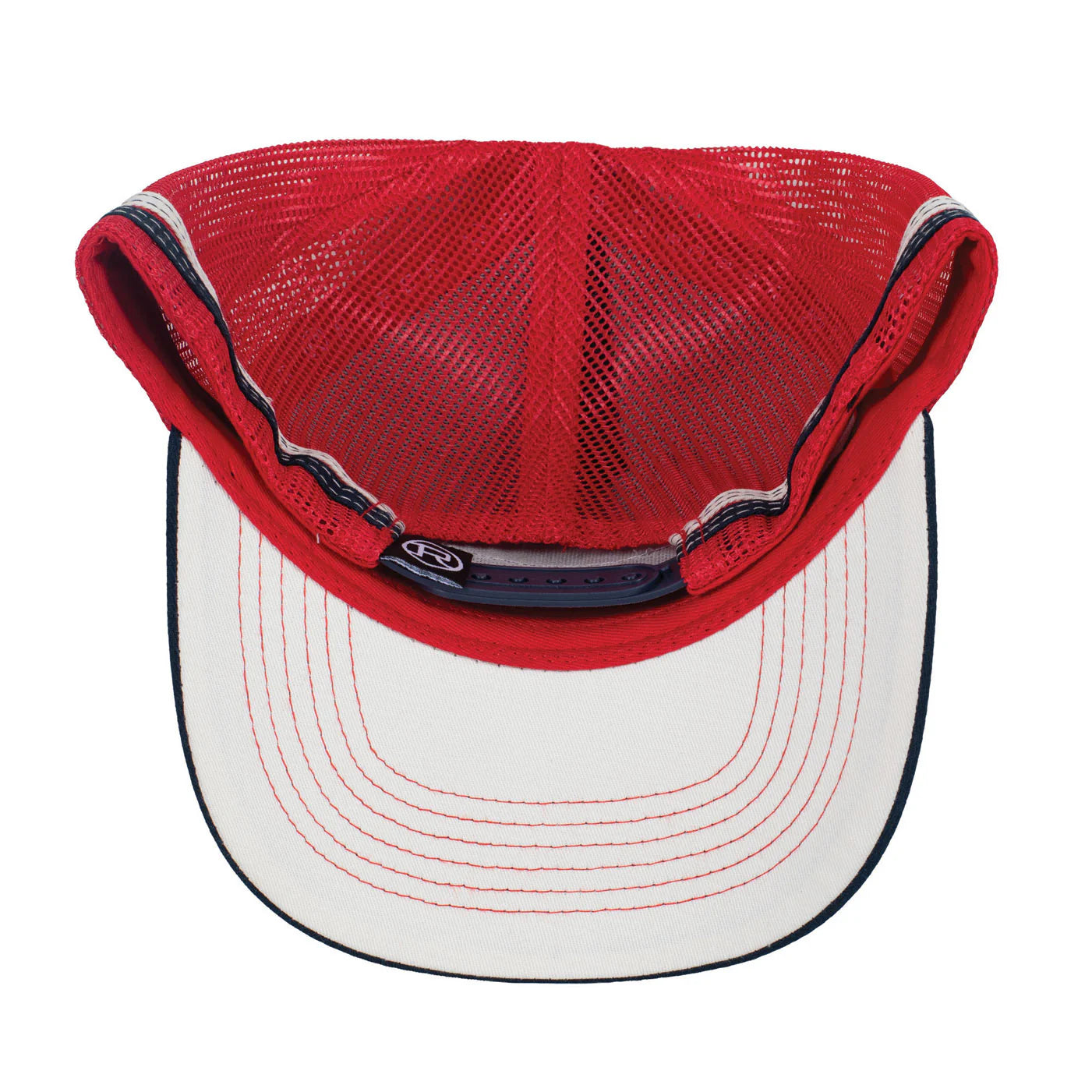 Roper Trucker Cap Patch. Red and navy trucker hat with mesh back and leather patch on a white background