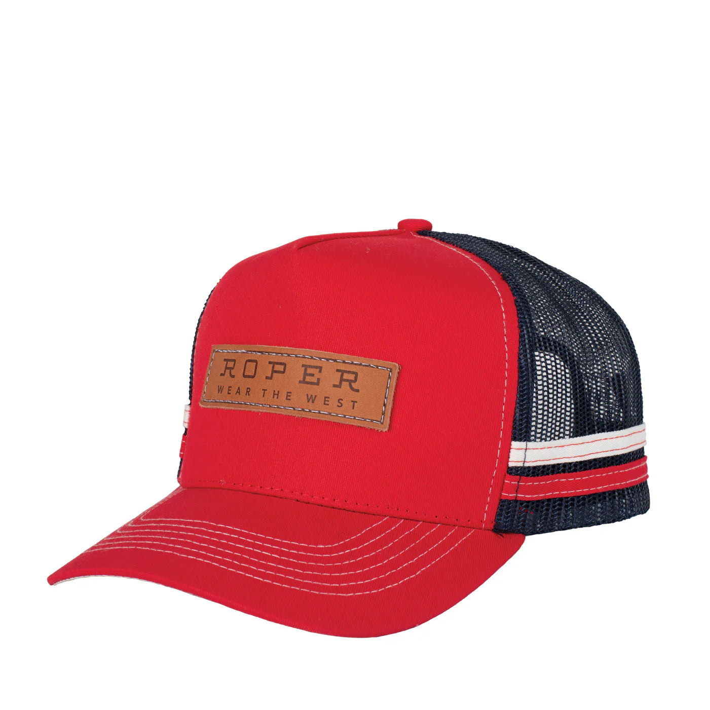 Roper Trucker Cap Patch. Red and navy trucker hat with mesh back and leather patch on a white background