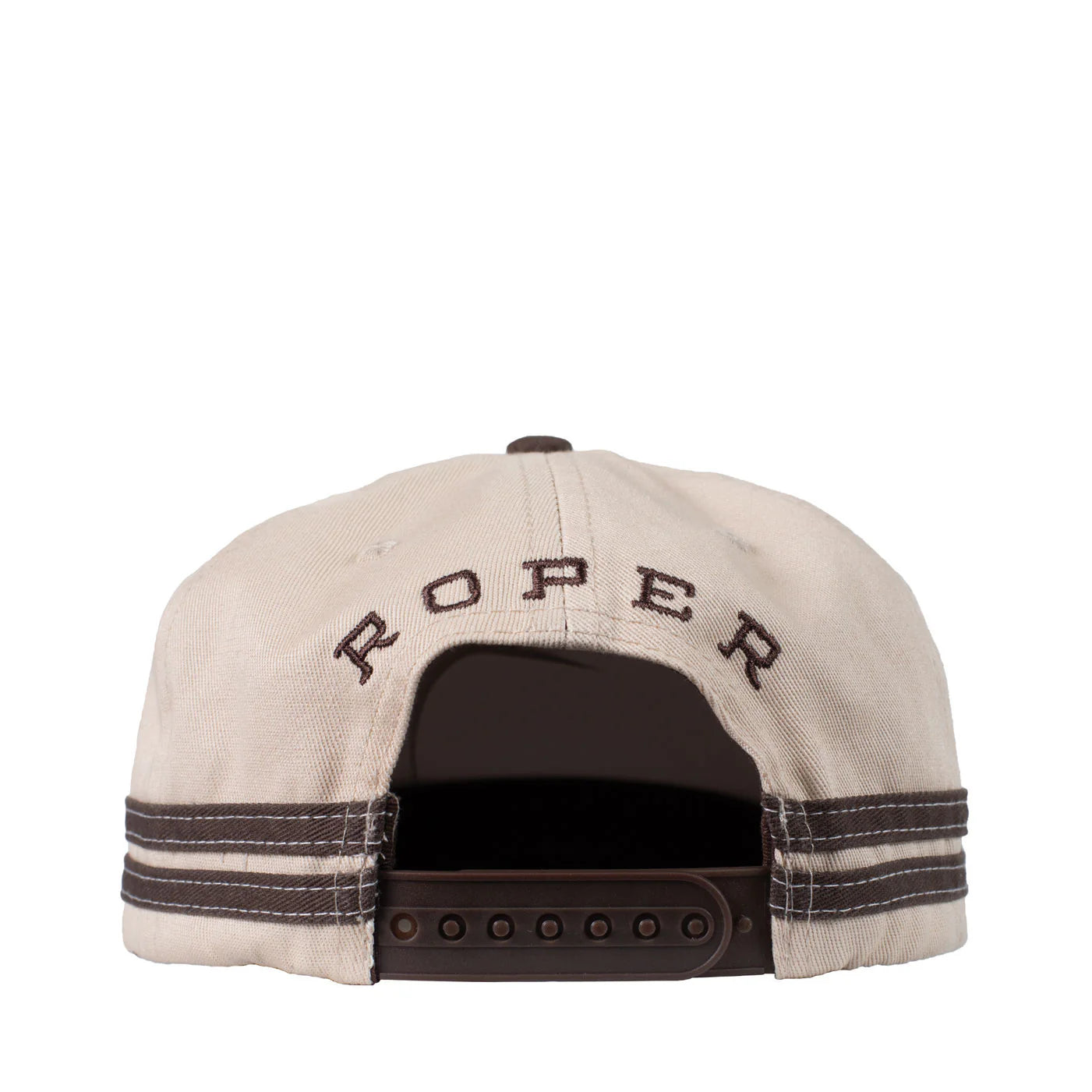 Roper Trucker Cap Logo. Beige cap with 'Roper' branding on a white background