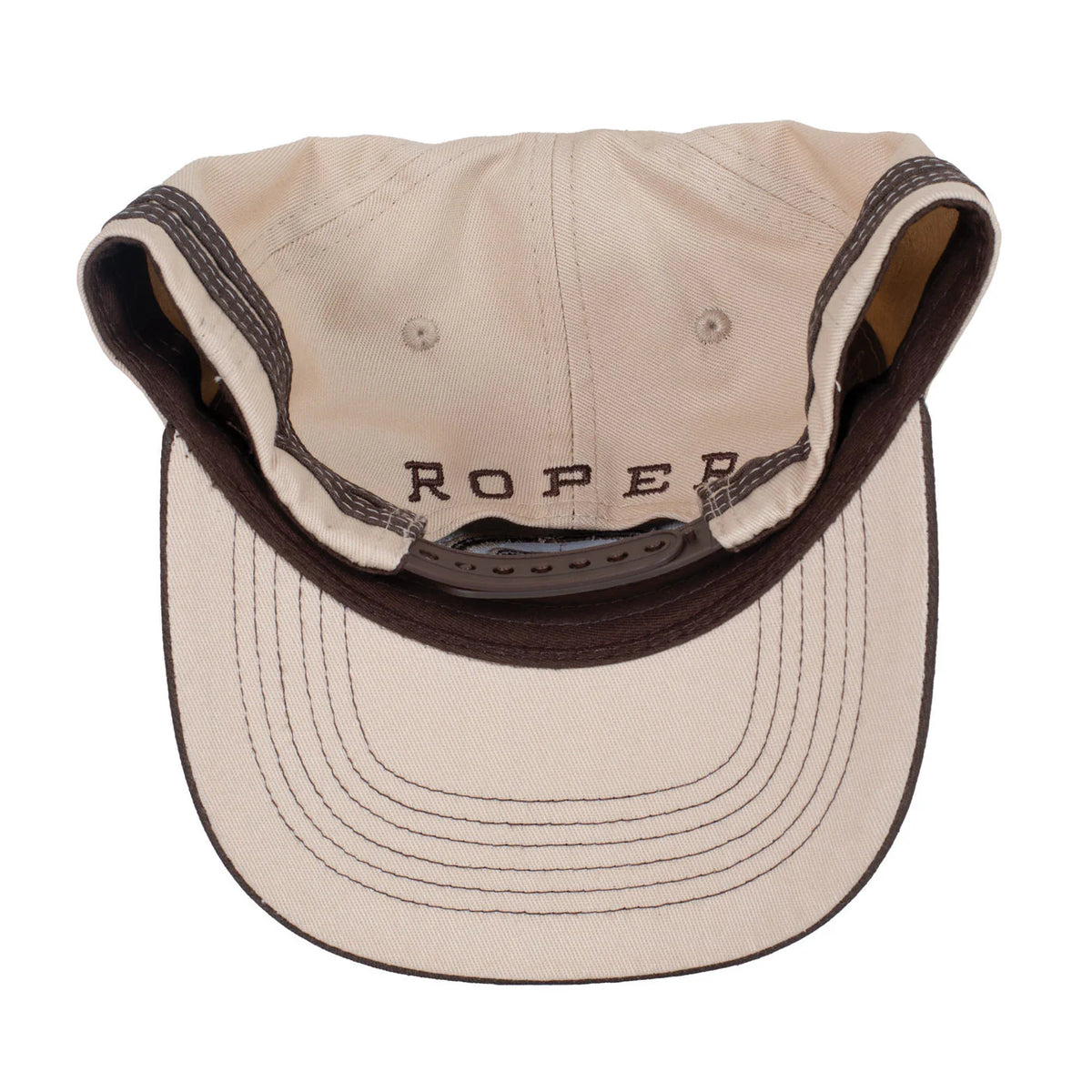 Roper Trucker Cap Logo. Beige cap with brown brim and 'ROPER' branding on a white background