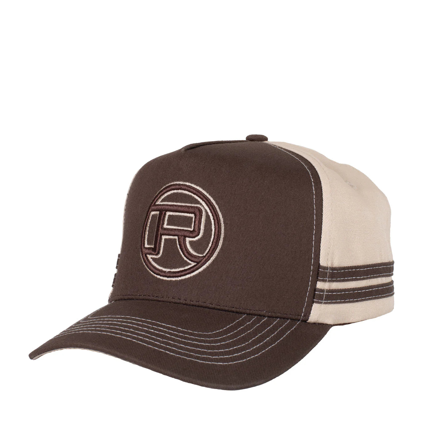 Roper Trucker Cap Logo. Brown and beige cap with a logo on a white background