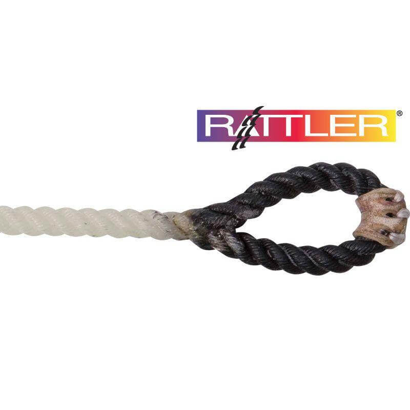 Classic Rattler Calf String. A close-up of a white nylon calf string with a black rope eye, featuring the Rattler brand logo.