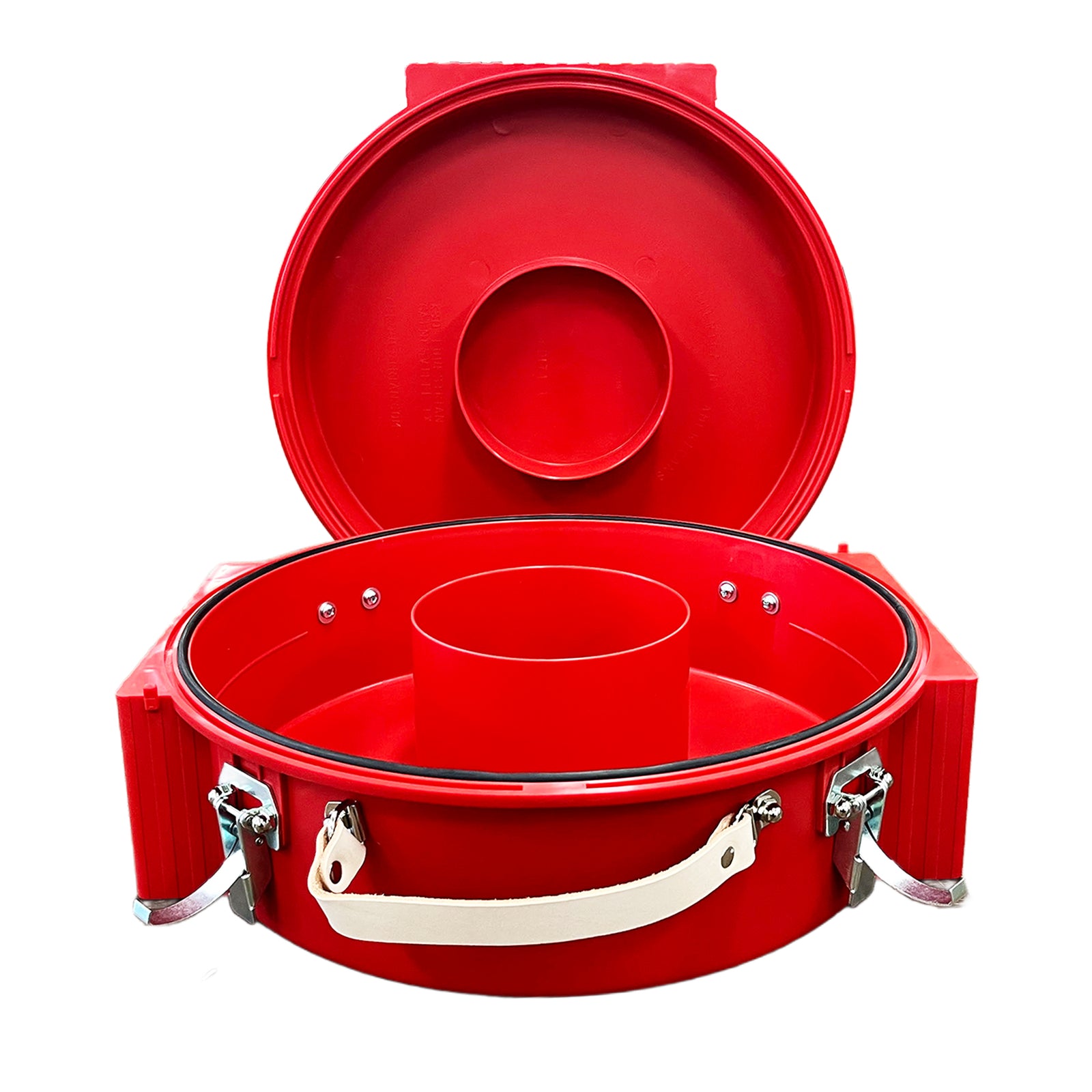 Ezy Ride Rope Can. Red metal drum with a lid on a white background