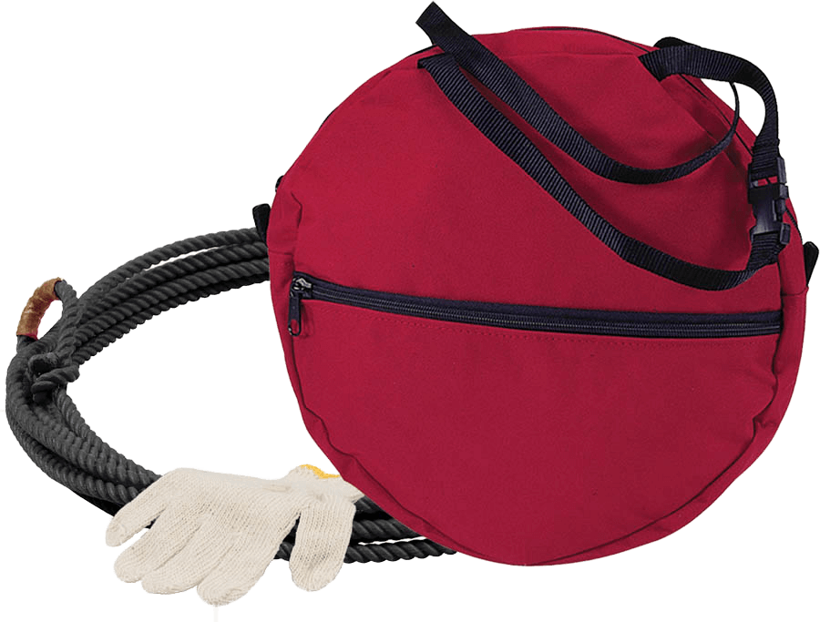 Ezy Ride Little Looper Kids Rope Bag Kit. Black bag with black straps, white gloves, and a rope on a white background