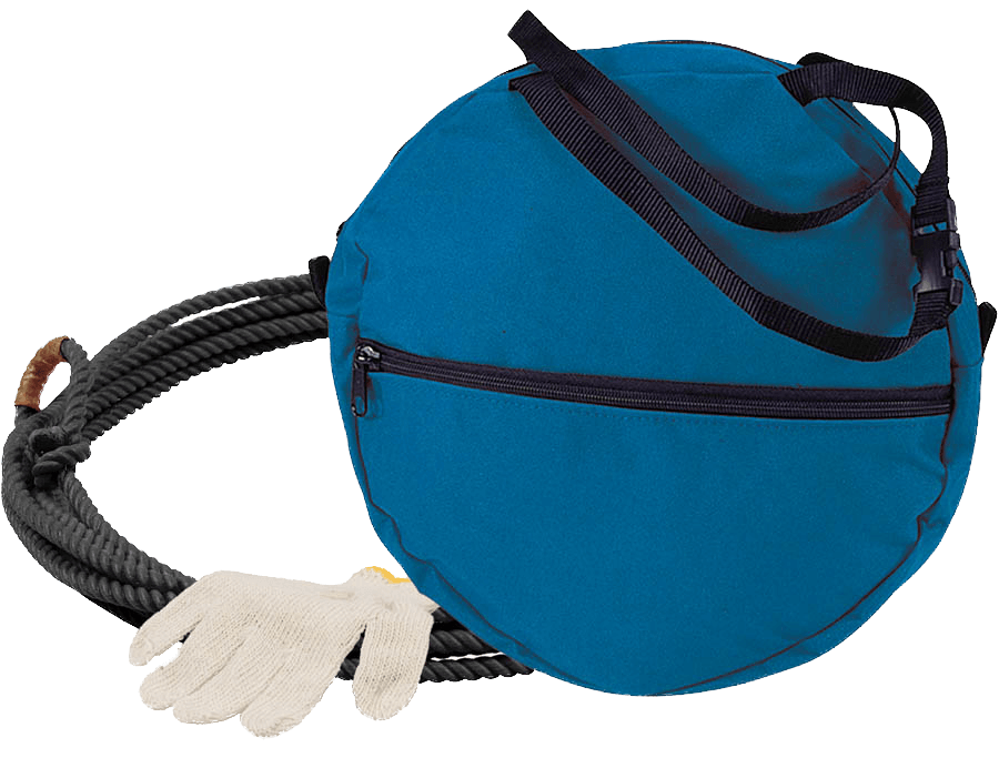 Ezy Ride Little Looper Kids Rope Bag Kit. Blue bag with black straps and a white glove on a clear background