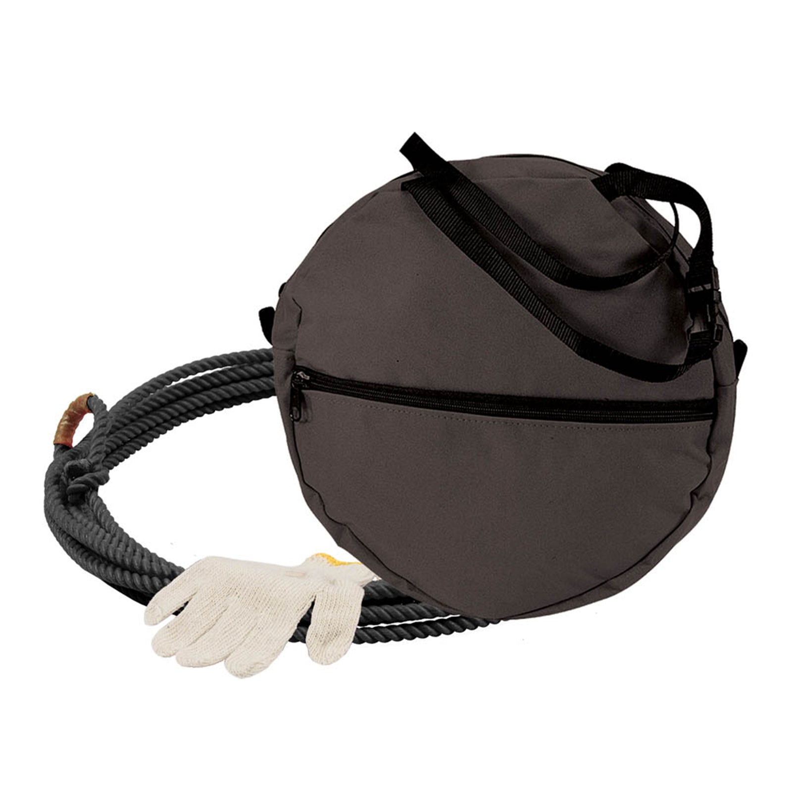 Ezy Ride Little Looper Kids Rope Bag Kit. Round gray bag with black handles and a rope, accompanied by white gloves on a white background.