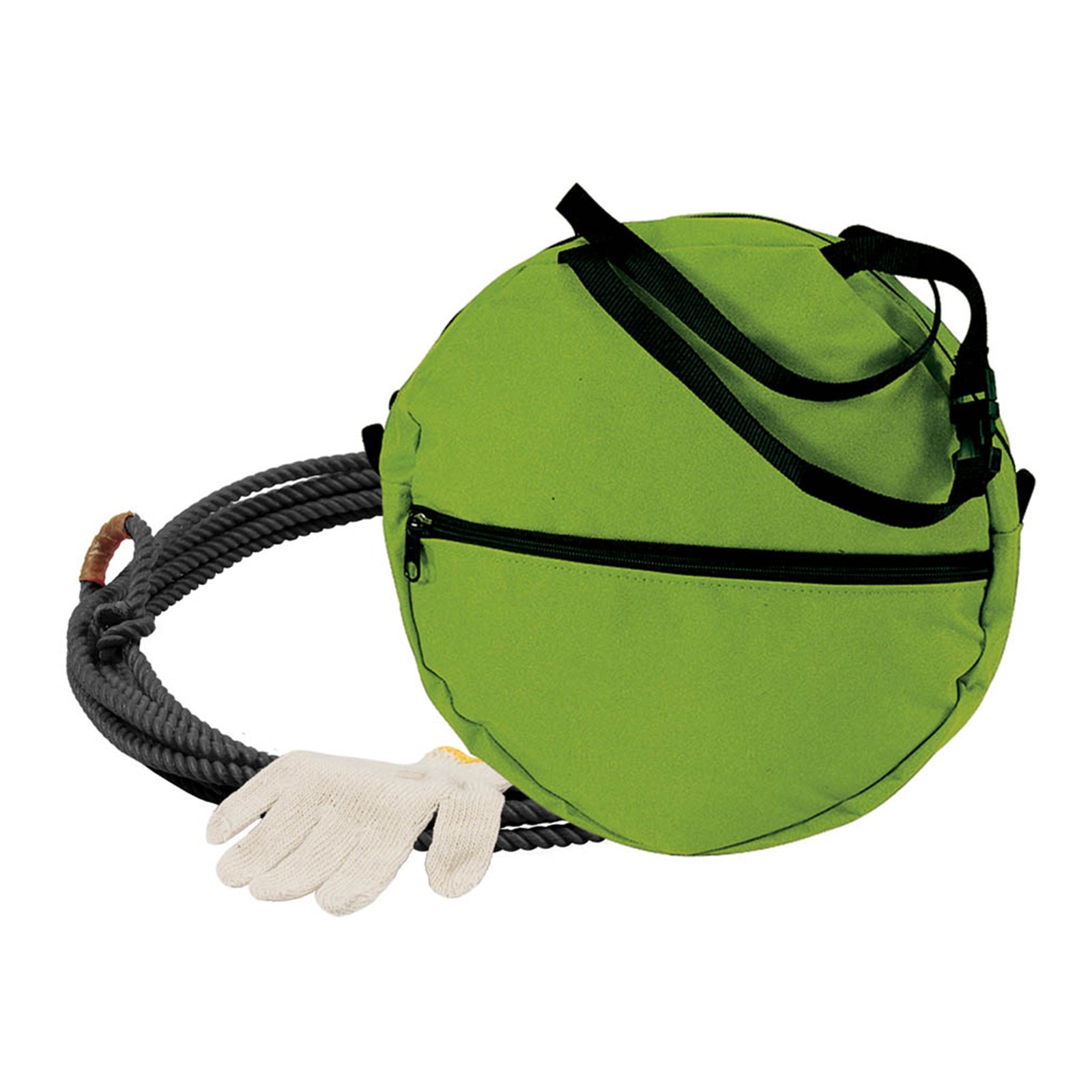 Ezy Ride Little Looper Kids Rope Bag Kit. Green round bag with black zippers and a white glove on a white background