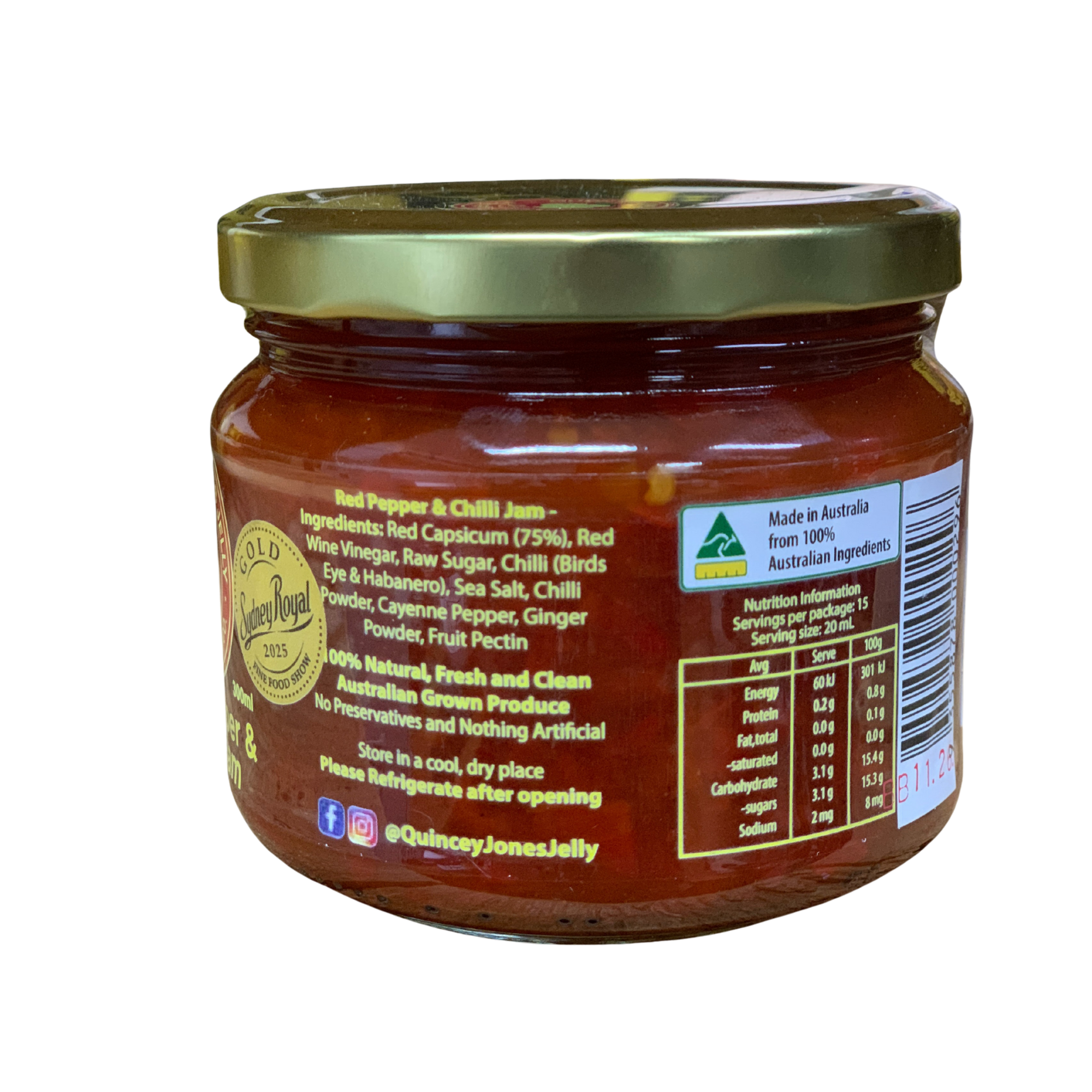Quincey Jones 300ml Red Pepper & Chilli Jam. Jar of red pepper and chilli jam with a gold lid on a white background