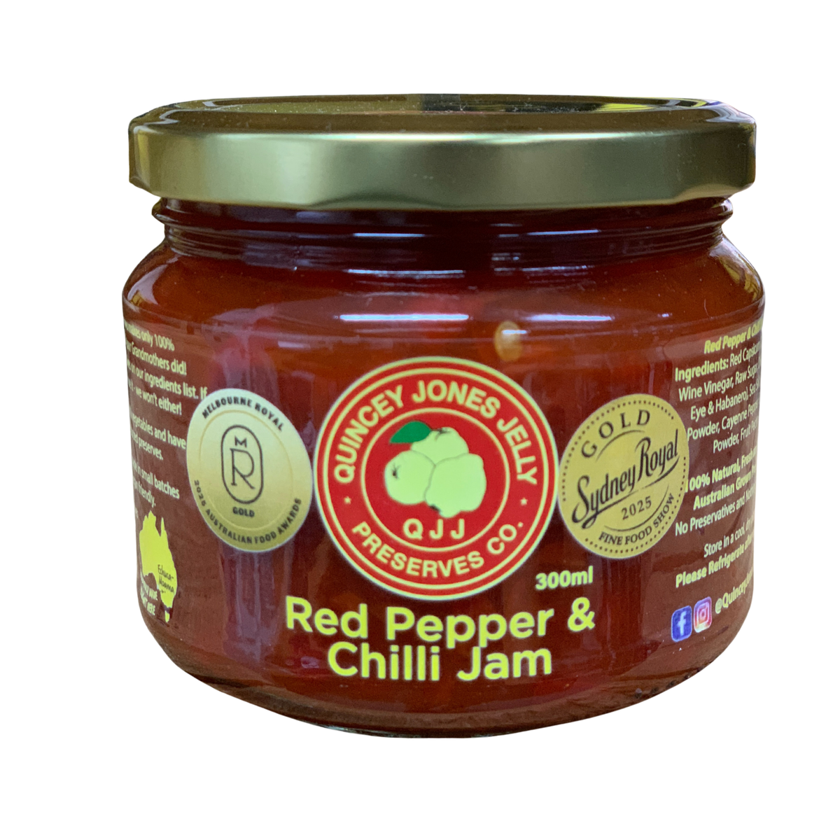 Quincey Jones 300ml Red Pepper &amp; Chilli Jam. Jar of red pepper and chilli jam with Quincey Jones Jelly Preserves label on a white background