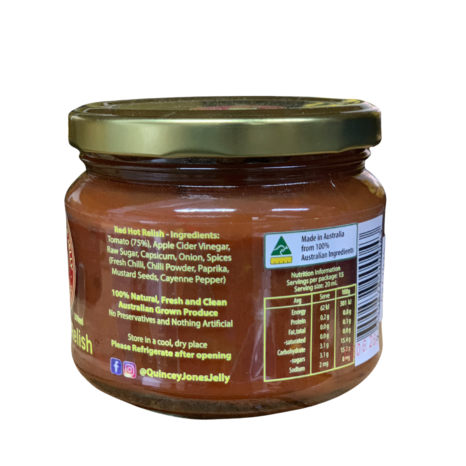 Quincey Jones 300ml Red Hot Relish. Jar of Red Hot Relish with Quincy Jones Jelly Preserves Co. label on a white background