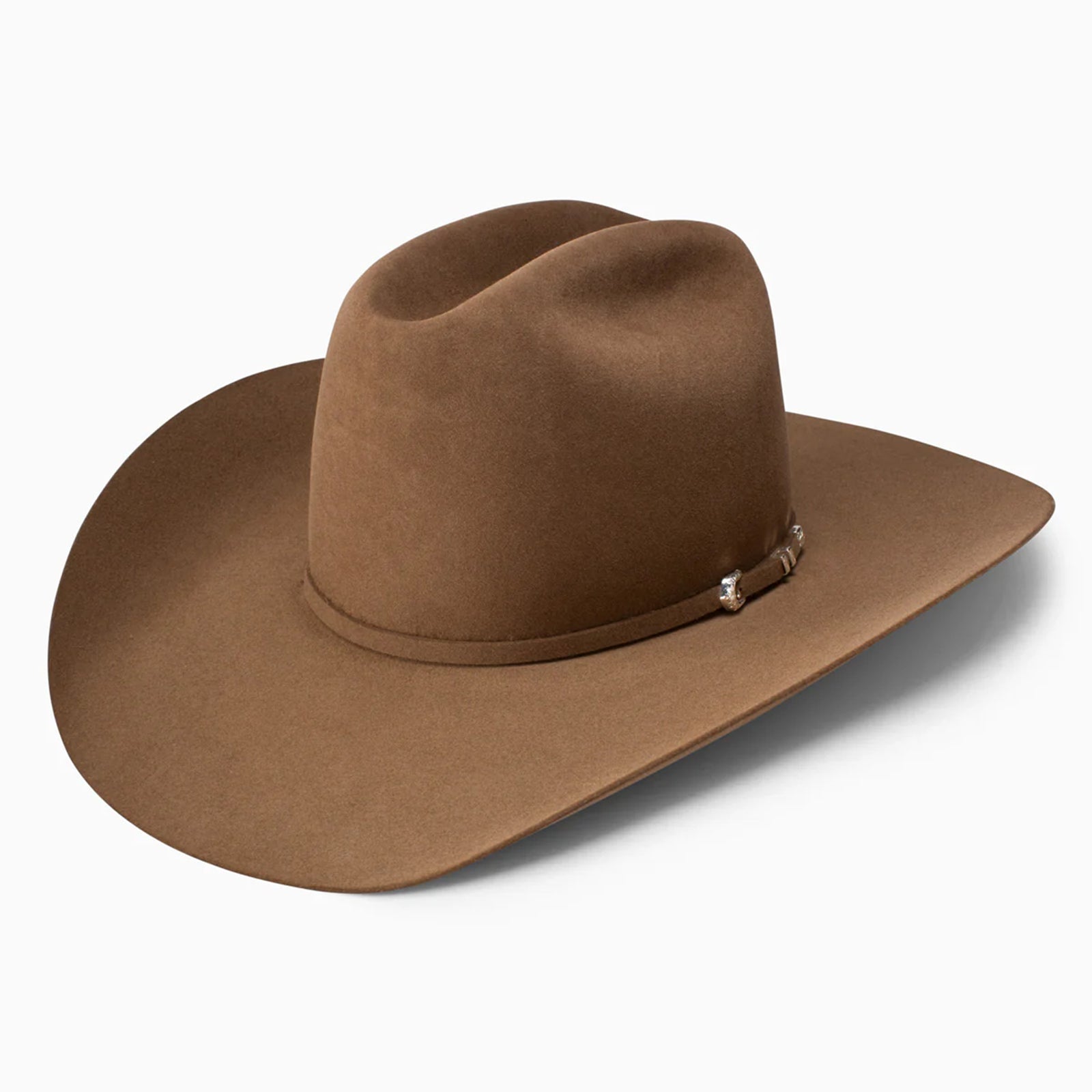 A Resistol Arena RB 40X Fur Felt Cowboy Hat with a brown crown and a brim, featuring a sheepskin sweatband and silver detailing on the hatband.