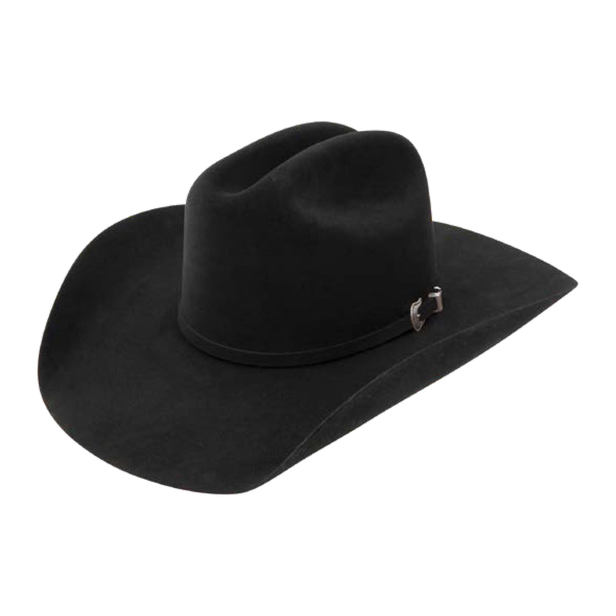  Resistol The Challenger 5X Fur Felt Cowboy Hat, black color, with a 4 5/8" crown and a cattleman profile. It features a black band with a buckle set.