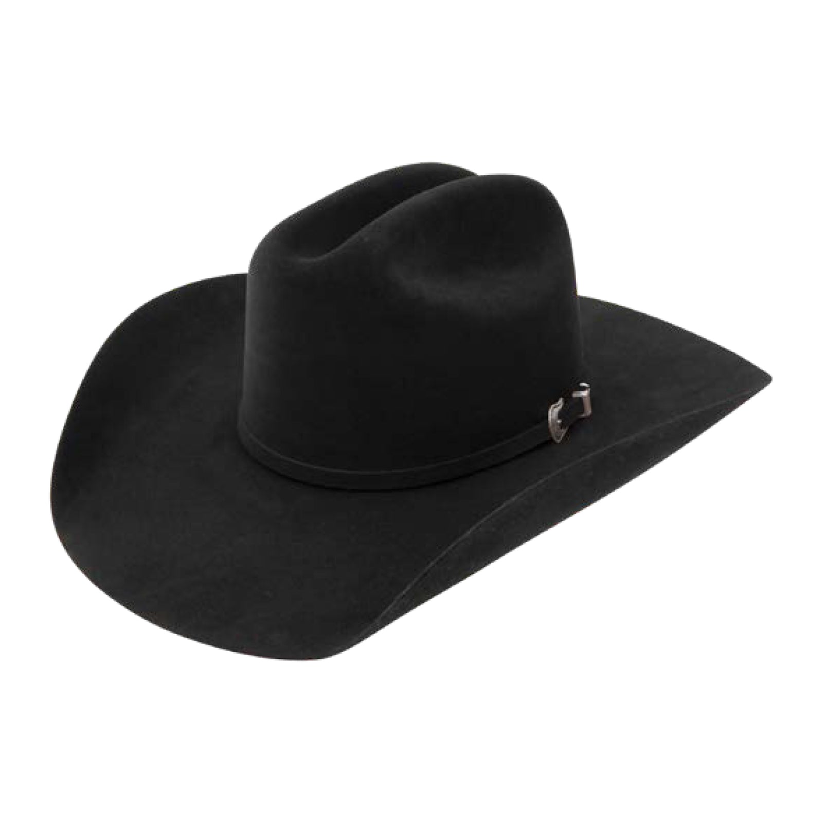  Resistol The Challenger 5X Fur Felt Cowboy Hat, black color, with a 4 5/8" crown and a cattleman profile. It features a black band with a buckle set.