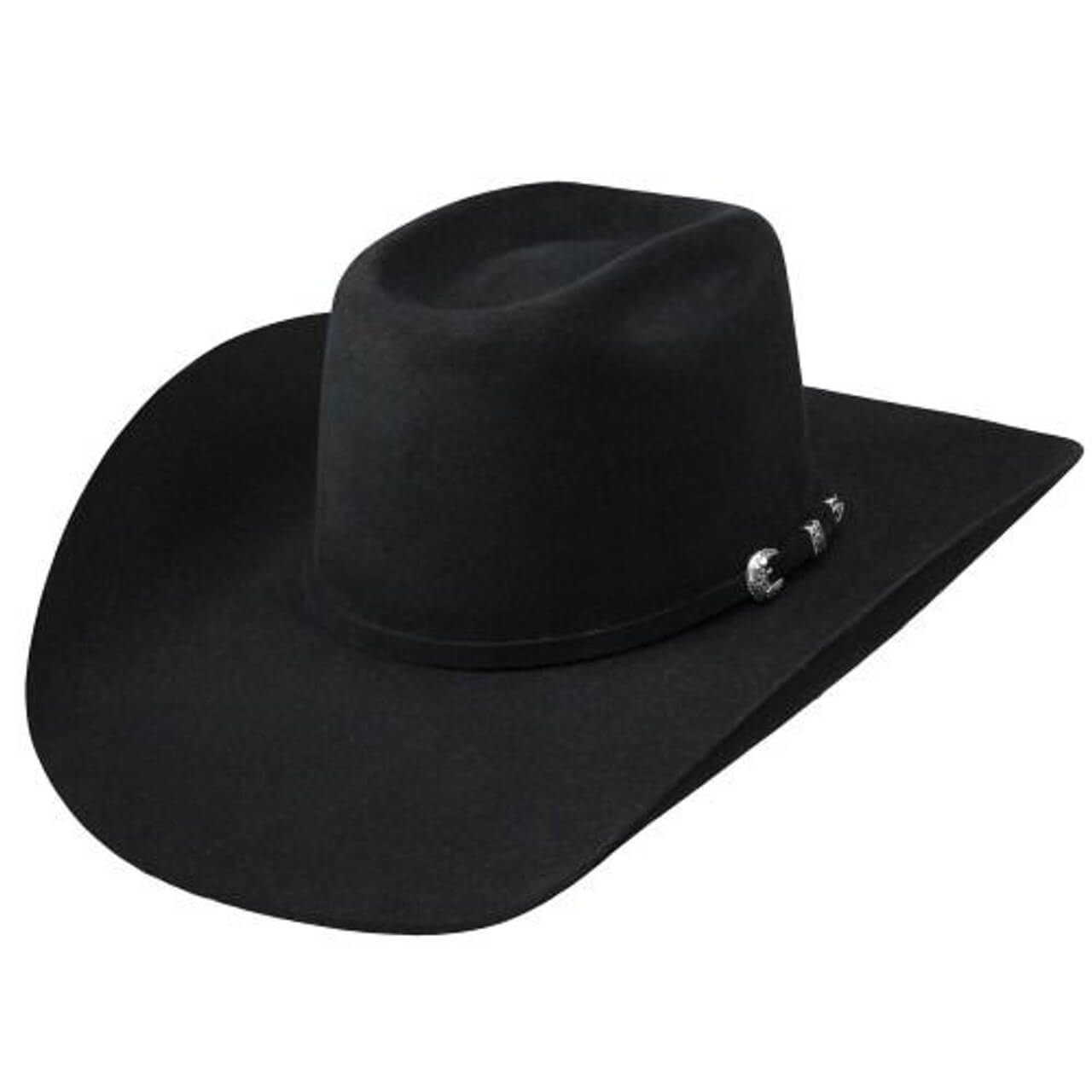 A black Resistol Cojo The SP 6X Fur Felt Cowboy Hat with a leather sweatband and silver hatband buckle.