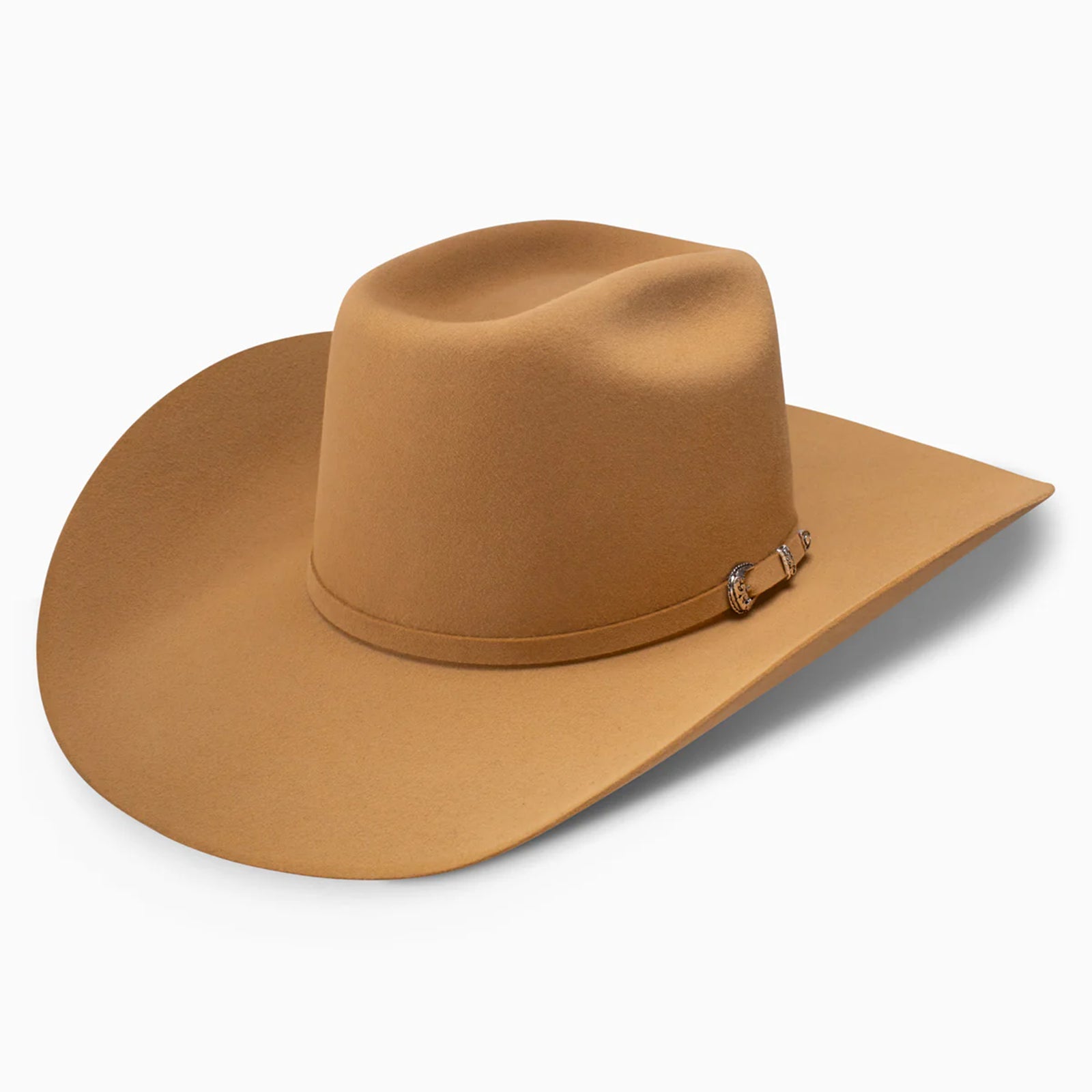 A Resistol Cojo The SP 6X Fur Felt Cowboy Hat in butterscotch color with a rounded brick crown and a leather sweatband.