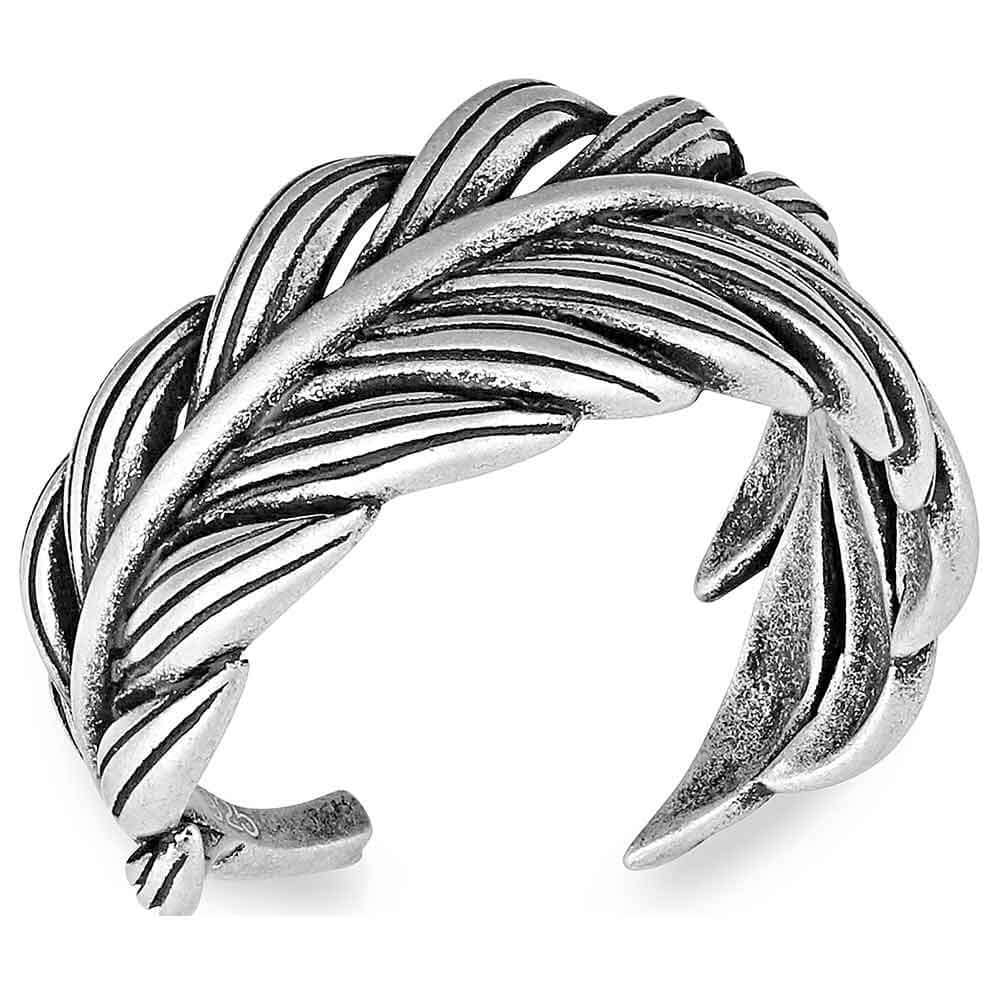 Montana Silversmiths The Frayed Singleton Wrap Ring. An adjustable silver-colored ring with a carved feather design and hand-painted black details.