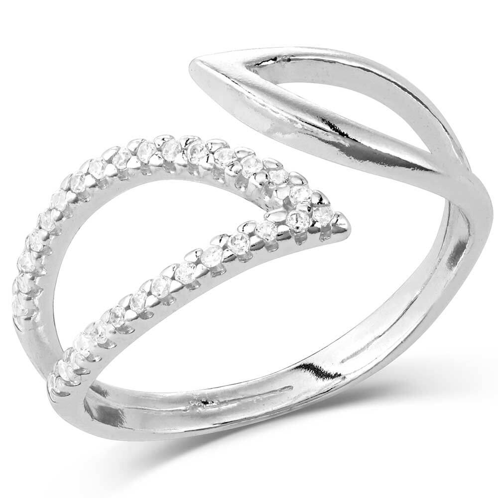 Montana Silversmiths Radiant Reflections Crystal Open Ring. A silver open ring with clear cubic zirconia crystals on one side and a smooth silver organic triangle shape on the other.