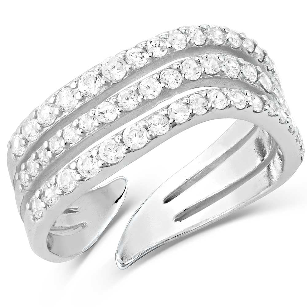 Montana Silversmiths Calm Waters Crystal Open Ring. An open ring with three lines of clear cubic zirconia crystals across the front, made of sterling silver.