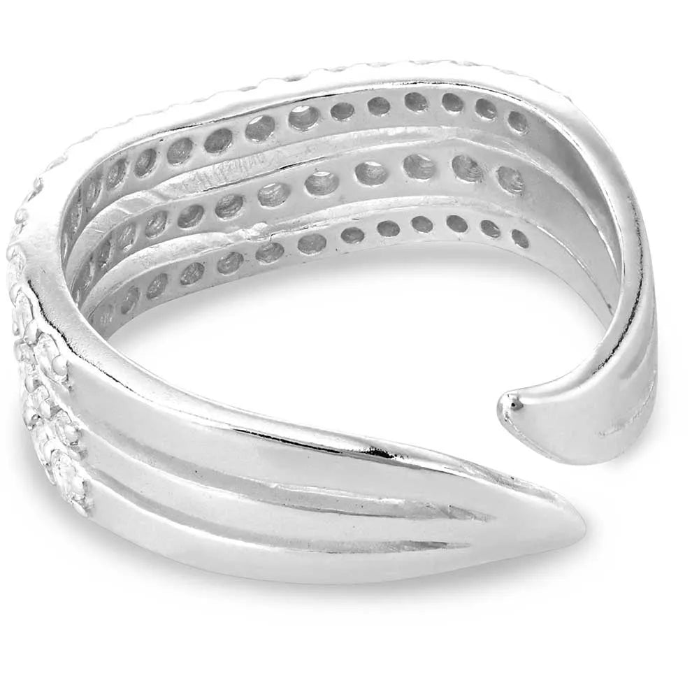 Montana Silversmiths Calm Waters Crystal Open Ring. An open ring with three lines of clear cubic zirconia crystals across the front, made of sterling silver.