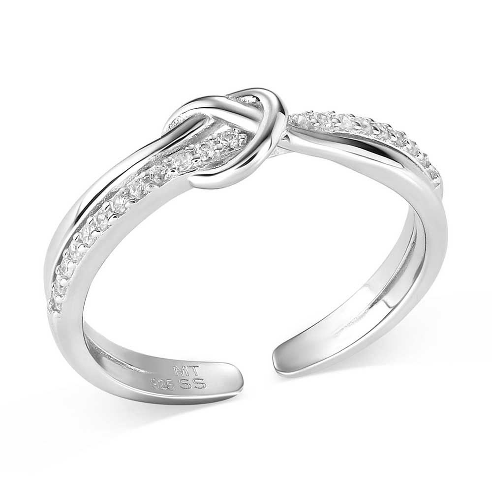 Montana Silversmith the Tied to You Ring features two elegant strands, one being smooth silver and the other adorned with sparkling cubic zirconia crystals that join to form a beautifully tied knot at the center. 