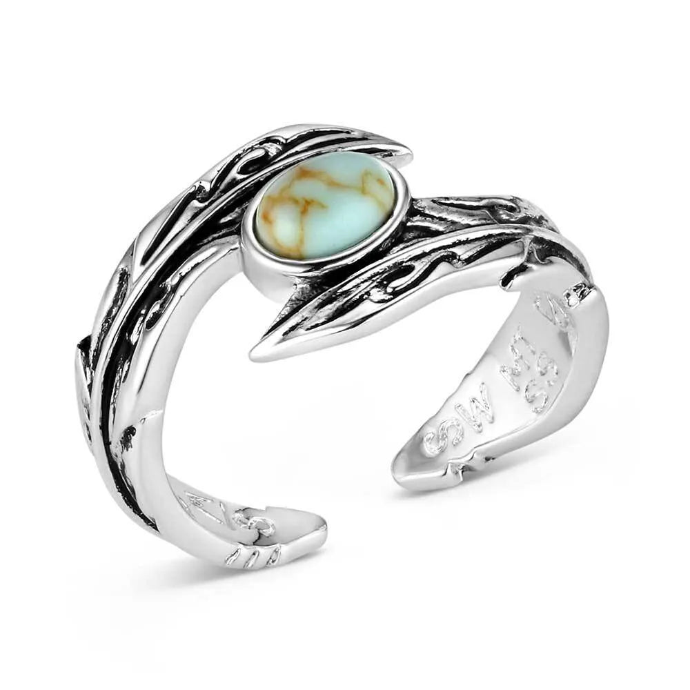 Silver ring with a turquoise stone on a white background