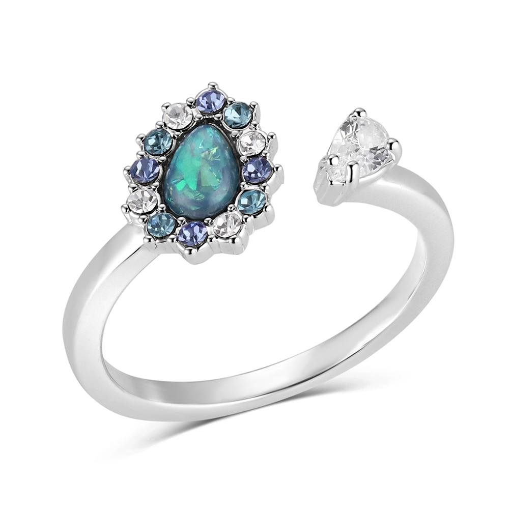 Silver ring with a central green gemstone and smaller blue and white stones on a white background