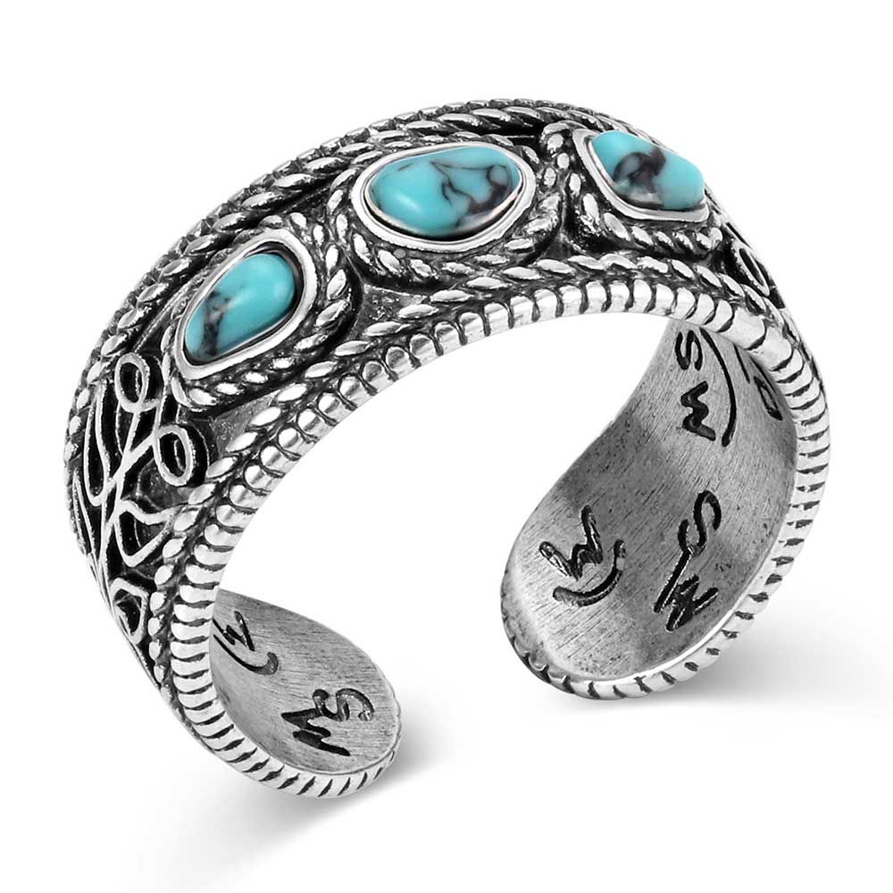 Silver ring with turquoise stones on a white background
