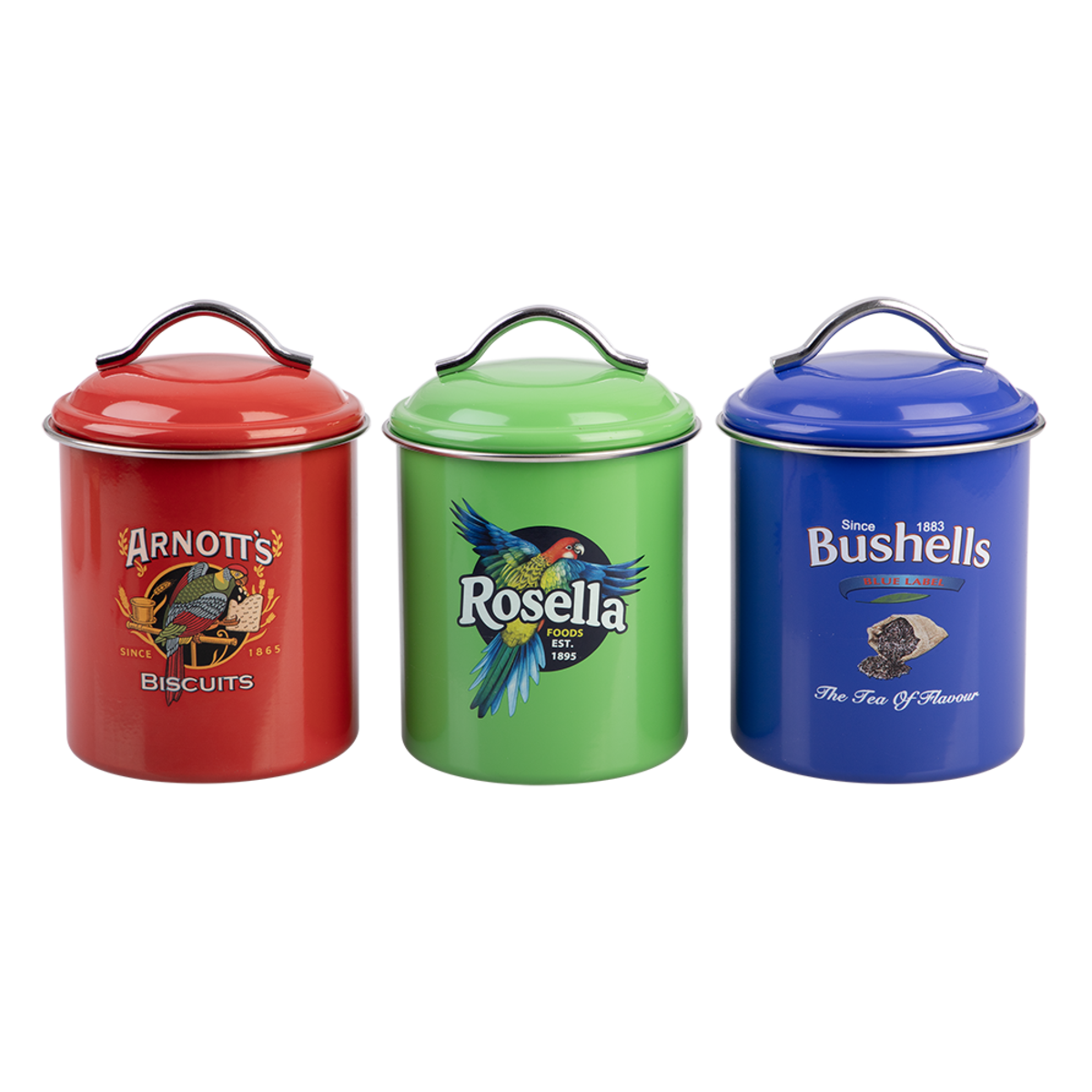 Three vintage-style metal biscuit canisters in red, green, and blue, shown side by side on a plain white background. The red canister is labeled Arnott's Biscuits, the green canister is labeled Rosella, and the blue canister is labeled Bushells.
