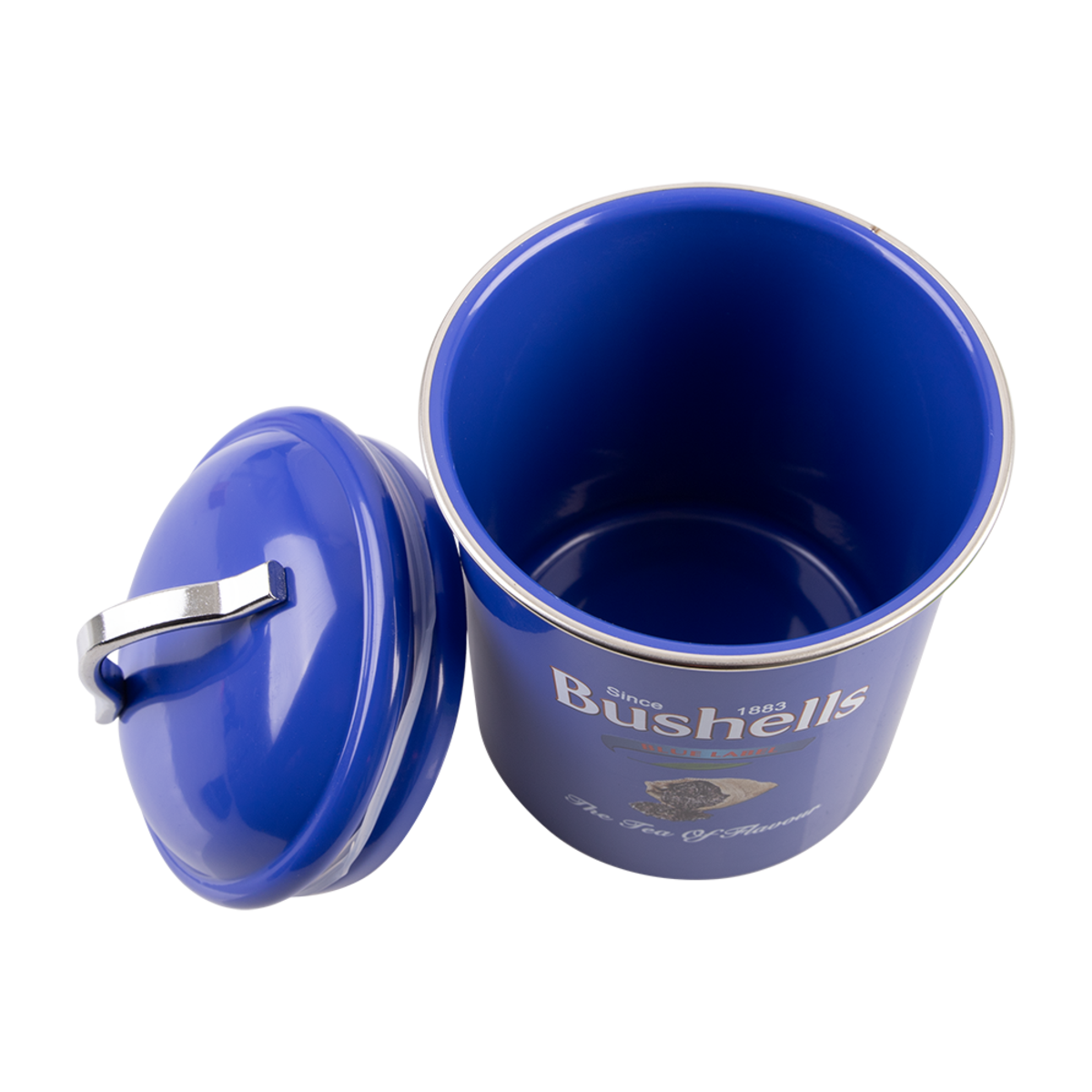 A blue metal mug with its matching lid leaning against it on a white background. The mug features the Bushells brand name and logo printed on the side.