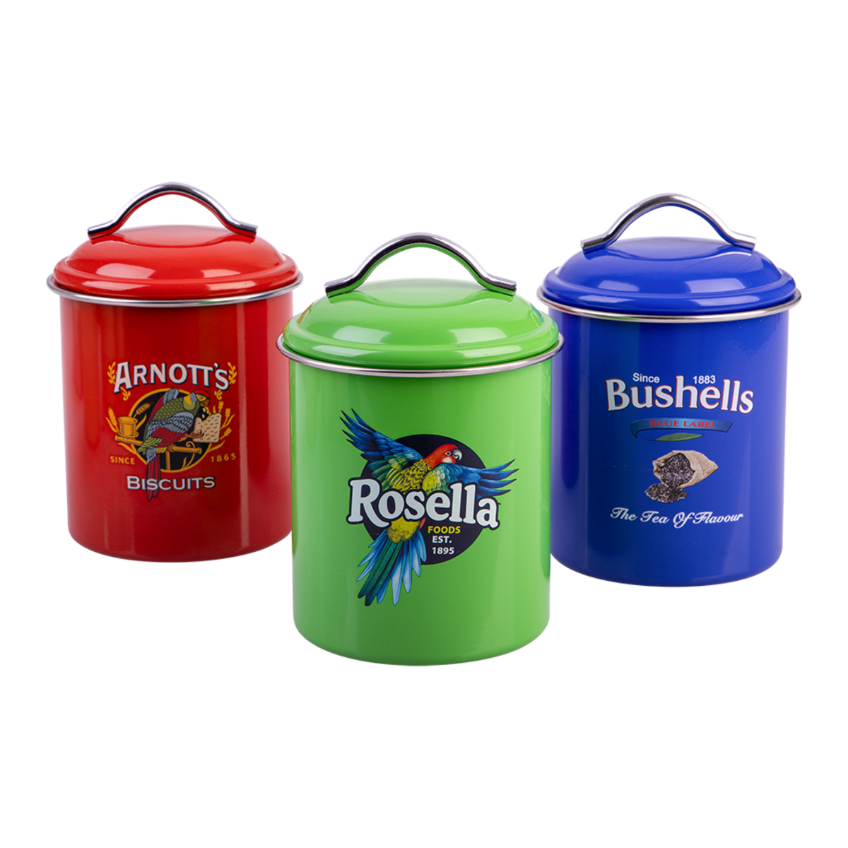 Three vintage-style metal canisters with lids are shown on a plain white background: a red canister labeled Arnott's Biscuits, a green canister labeled Rosella, and a blue canister labeled Bushells.