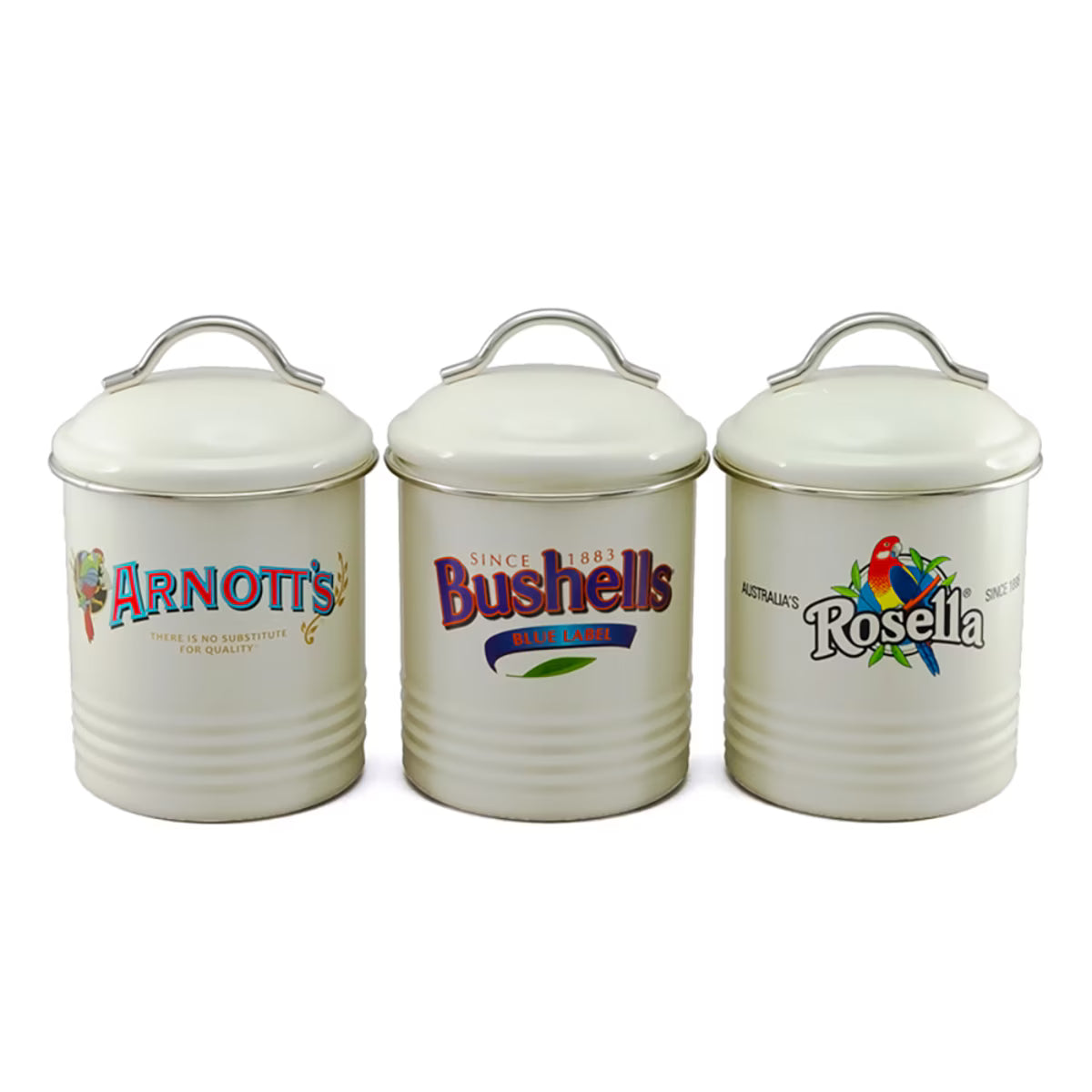 Three white canisters with colorful branding on a white background