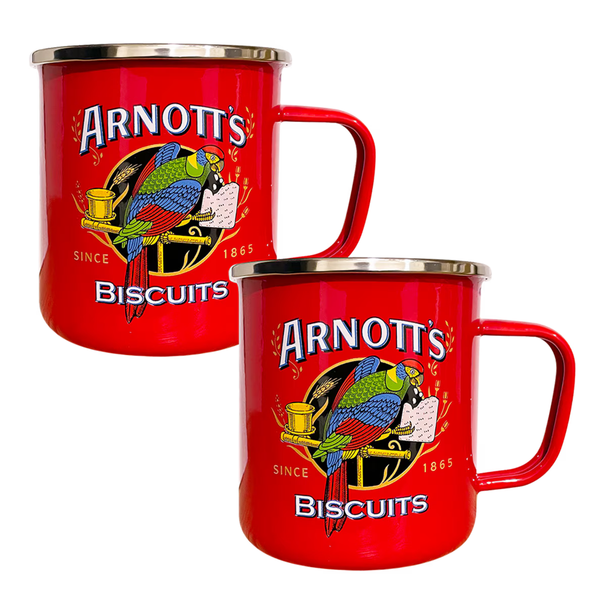 Two red enamel mugs with silver rims, featuring the 'Arnott's Biscuits' logo with a parrot illustration, on a white background.