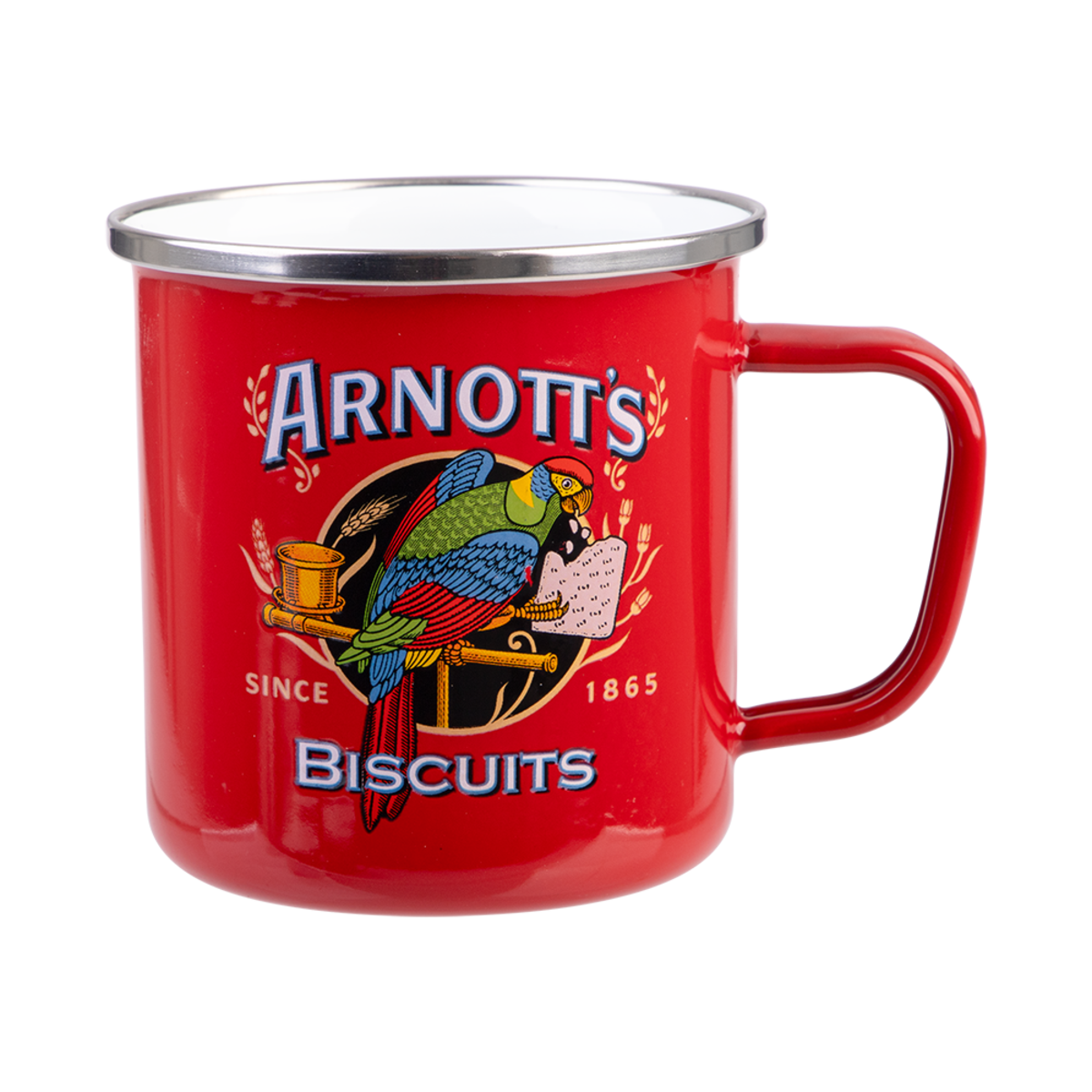 A red enamel mug with a silver metal rim and handle, featuring the 'Arnott's Biscuits' logo with a parrot illustration on the front, set against a plain white background.