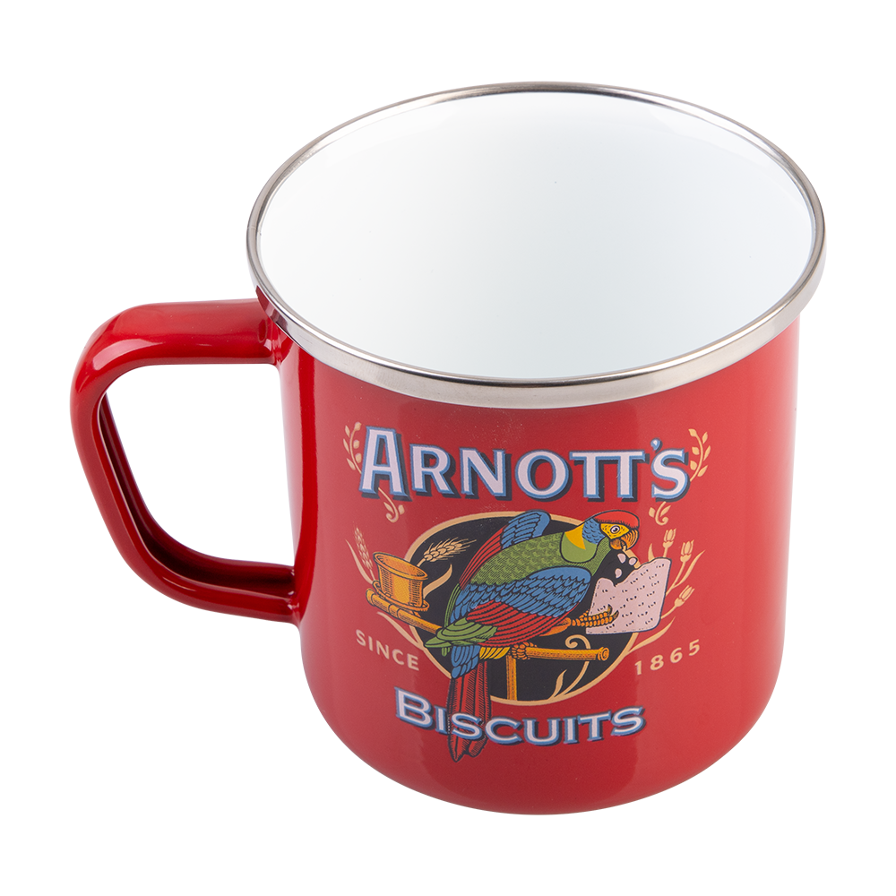 A red enamel-style mug with a silver rim and handle, featuring the 'Arnott's Biscuits' logo and a colorful parrot illustration on the front, set against a plain white background.