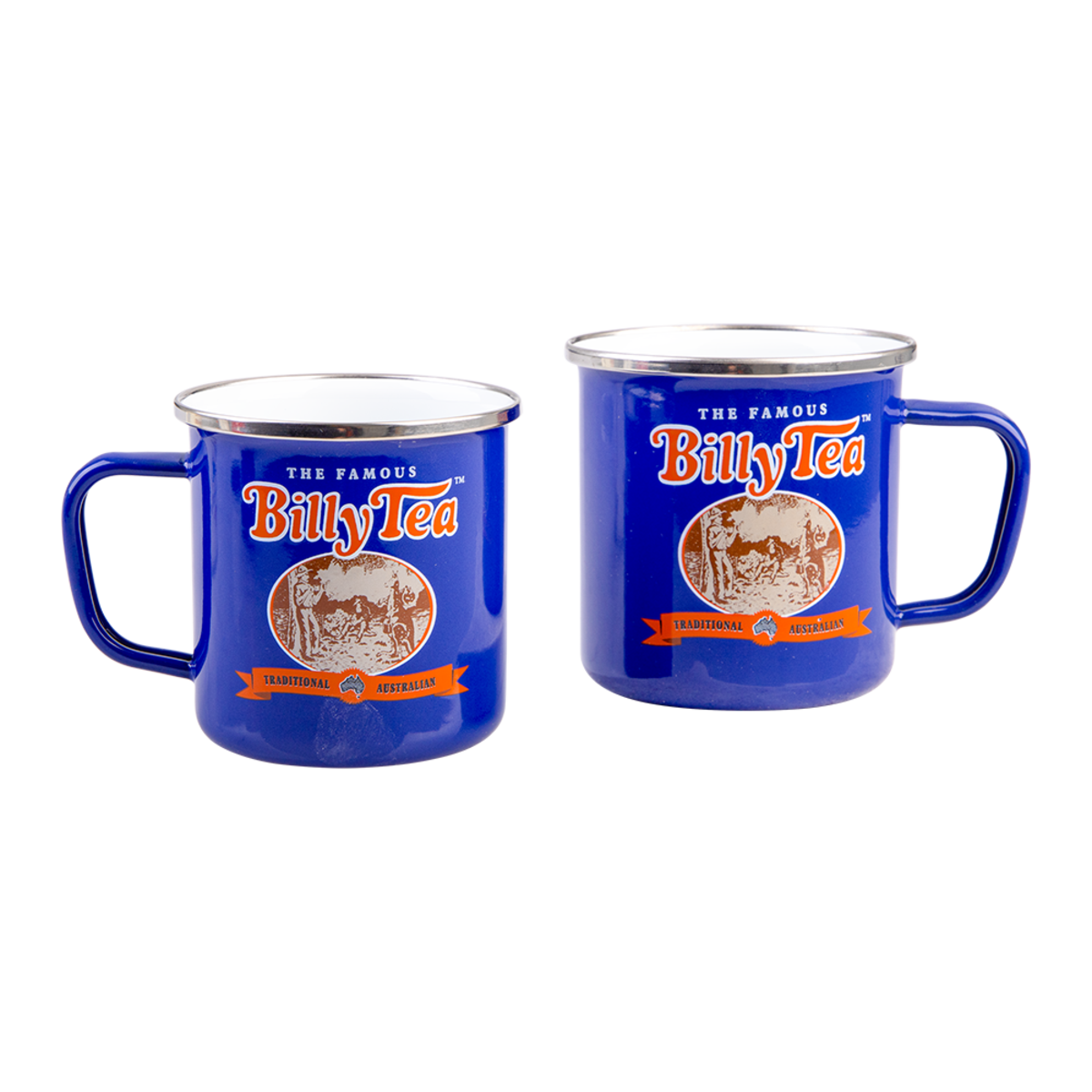 Two blue enamel-style mugs with silver rims and handles, each printed with the Billy Tea logo and a circular vintage illustration, shown on a plain white background.