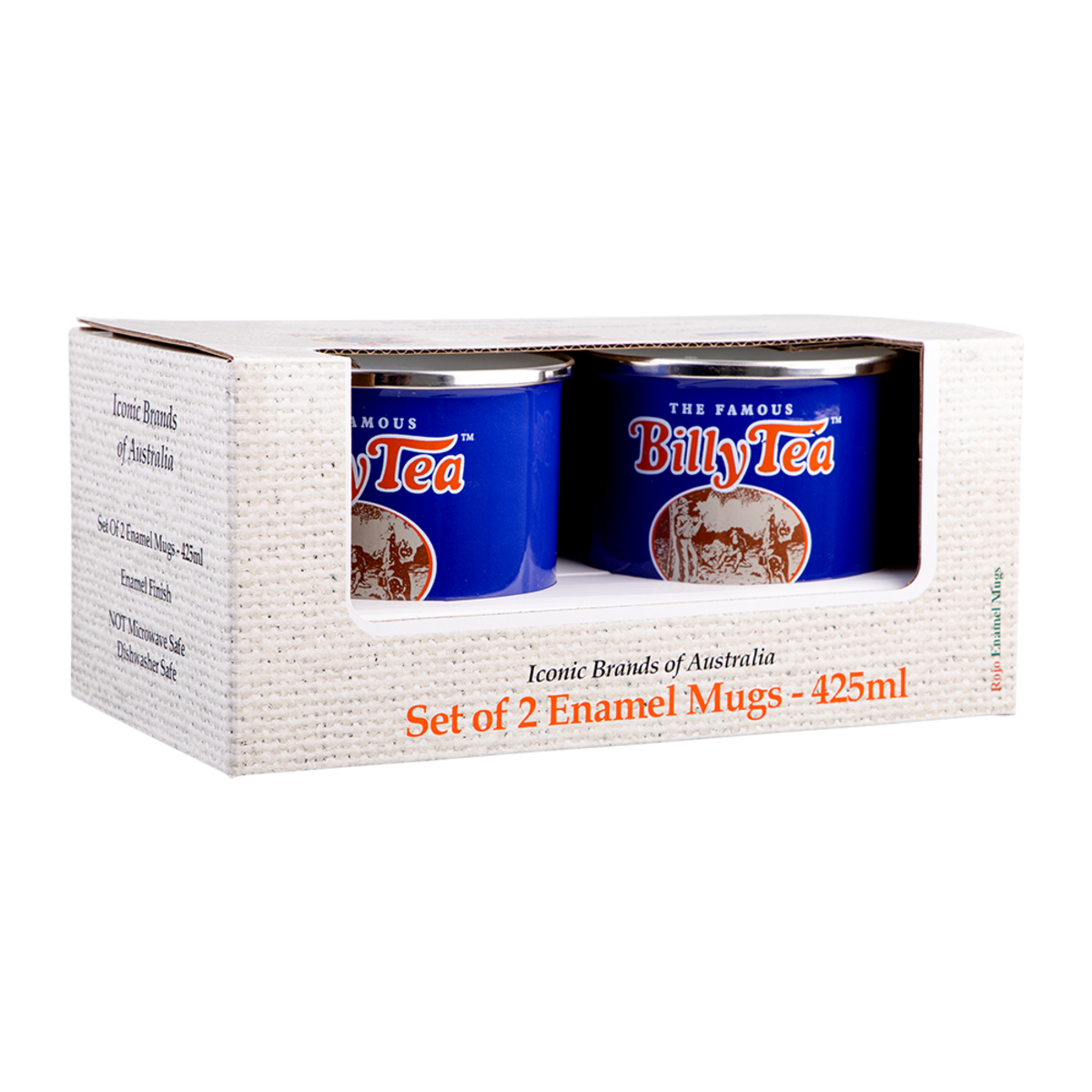 A boxed set of two enamel mugs in white textured packaging, with the mugs visible through a front window. The mugs are blue with orange and white 'Billy Tea' branding and silver metal rims.