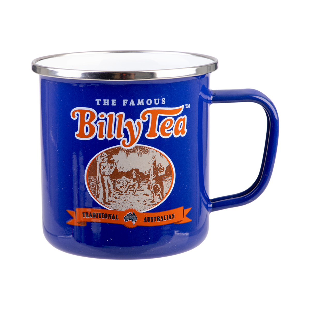 A blue enamel camp mug with a silver metal rim and handle, featuring the 'The Famous Billy Tea Traditional Australian' logo on the front, isolated on a white background.
