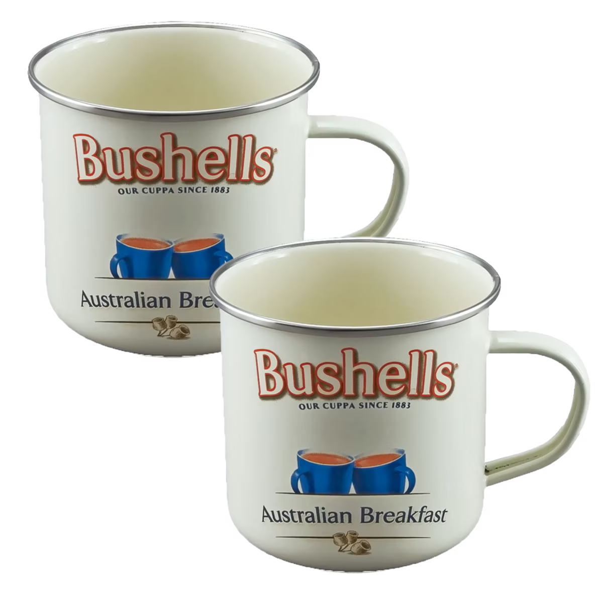 Two white enamel camping mugs with silver rims, featuring the Bushells Australian Breakfast logo, shown on a plain white background.