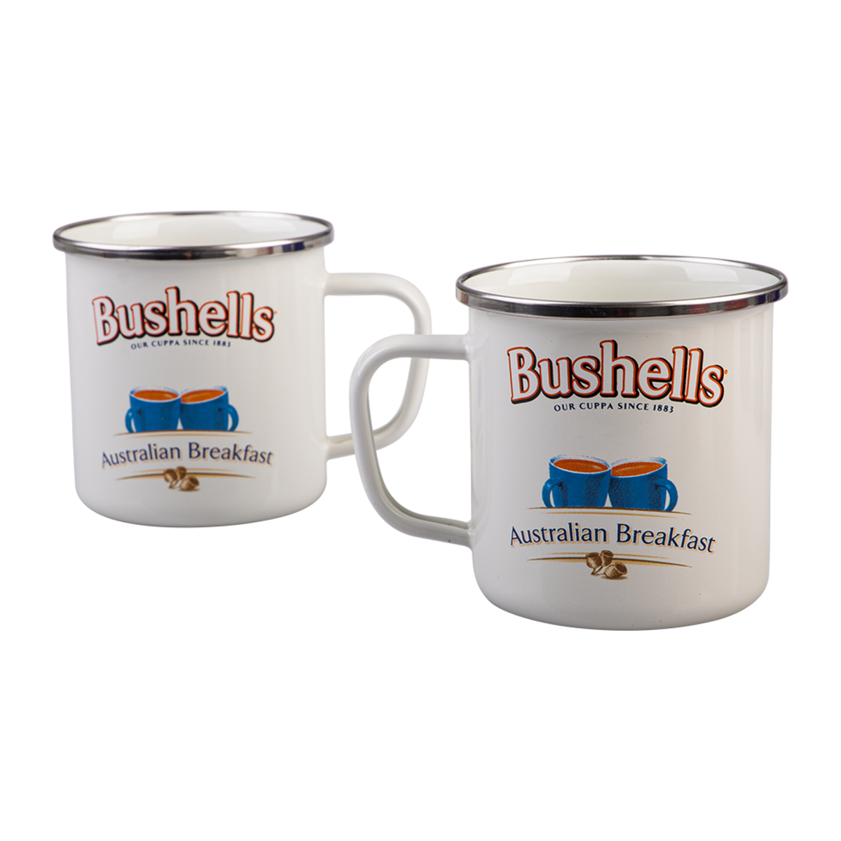 Two white enamel camp mugs with silver rims, featuring the Bushells Australian Breakfast logo and coffee cup graphics, shown on a white background.